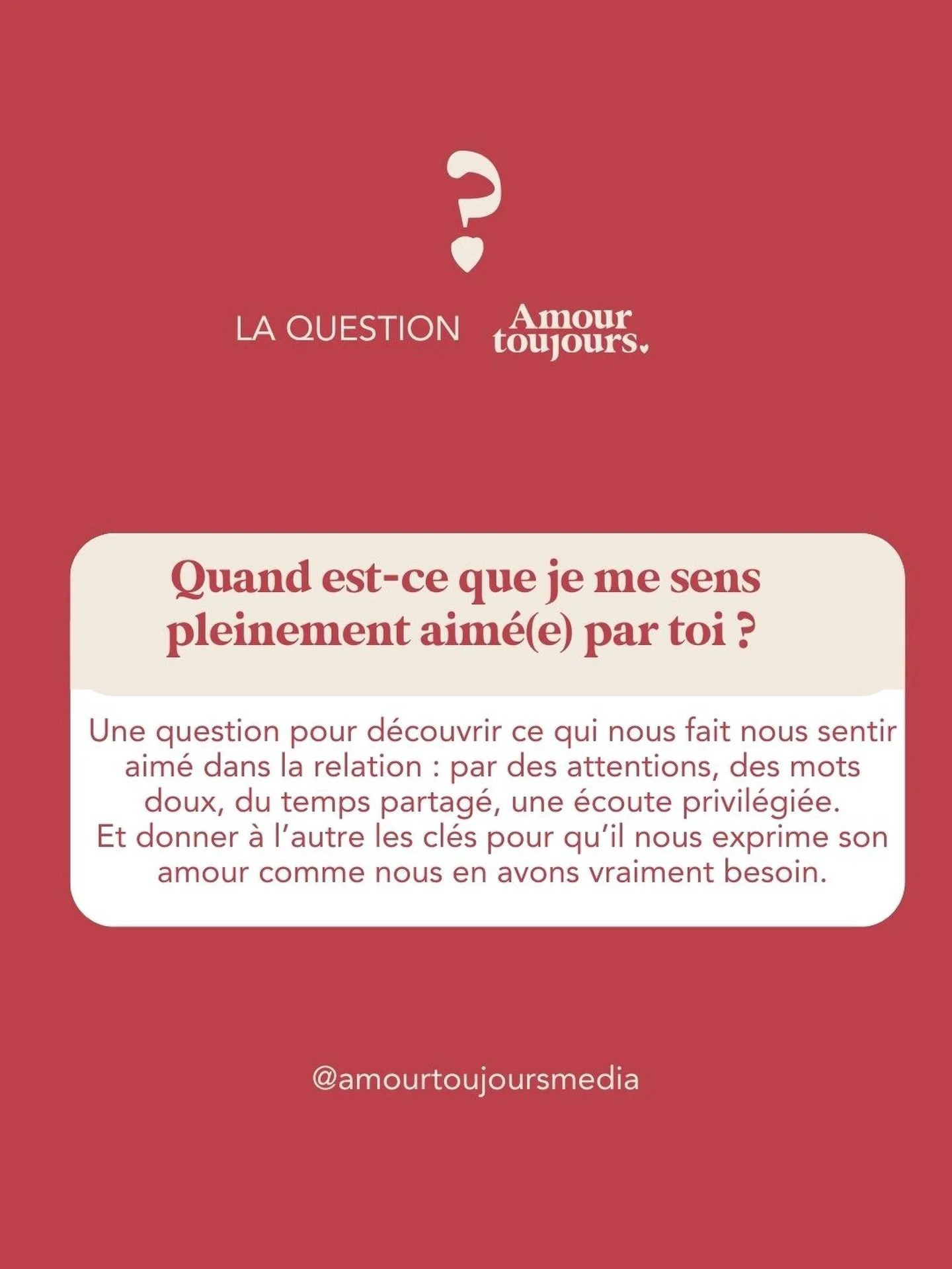 Parfois, une simple question suffit pour ouvrir une conversation que l&rsquo;on n&rsquo;aurait jamais eue autrement.

Chez AMOUR TOUJOURS, nous en avons fait une sp&eacute;cialit&eacute;. A partir d&rsquo;une question, vous inviter &agrave; vous raco
