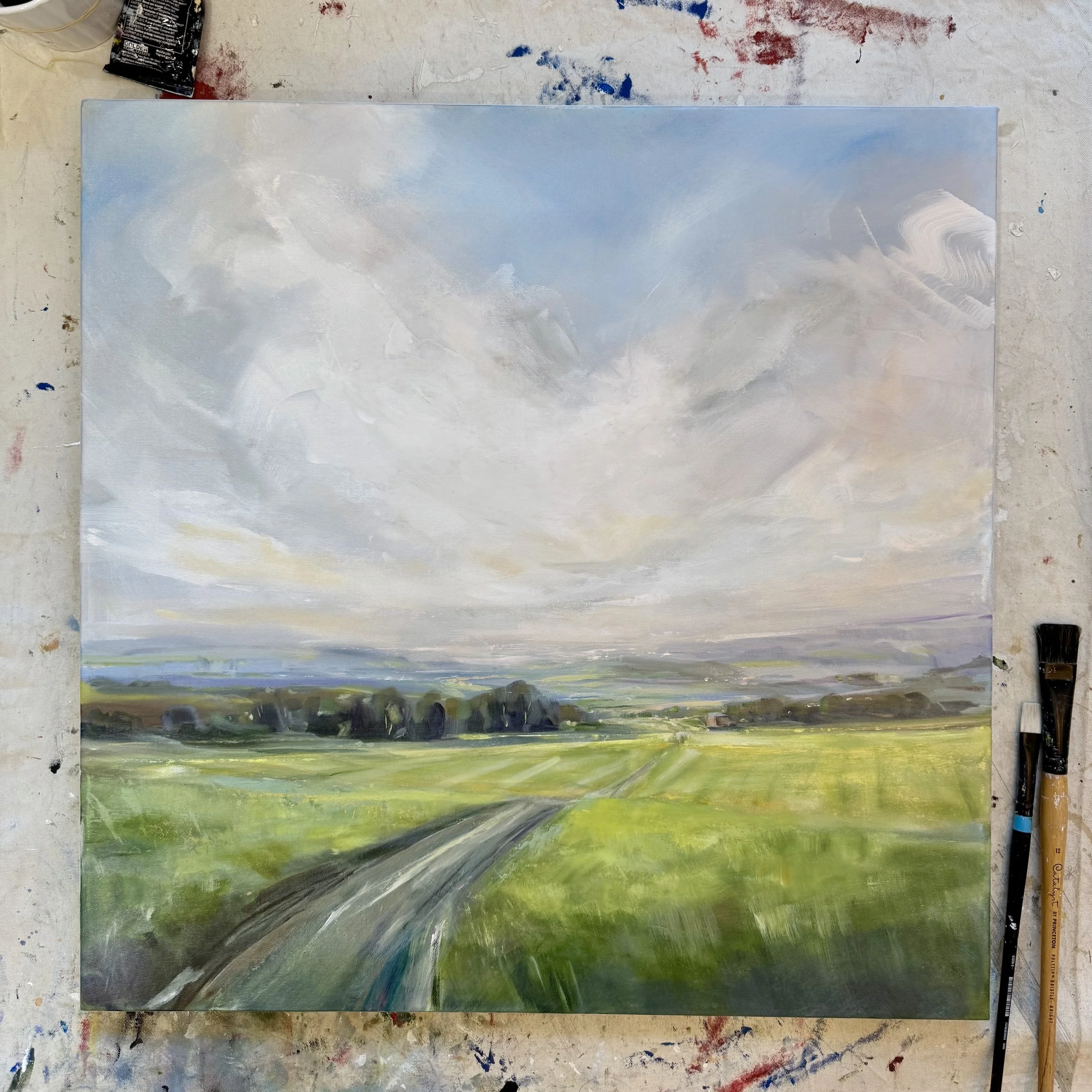 In the Distance, 30 x 30, acrylic, graphite and metallic paint on canvas