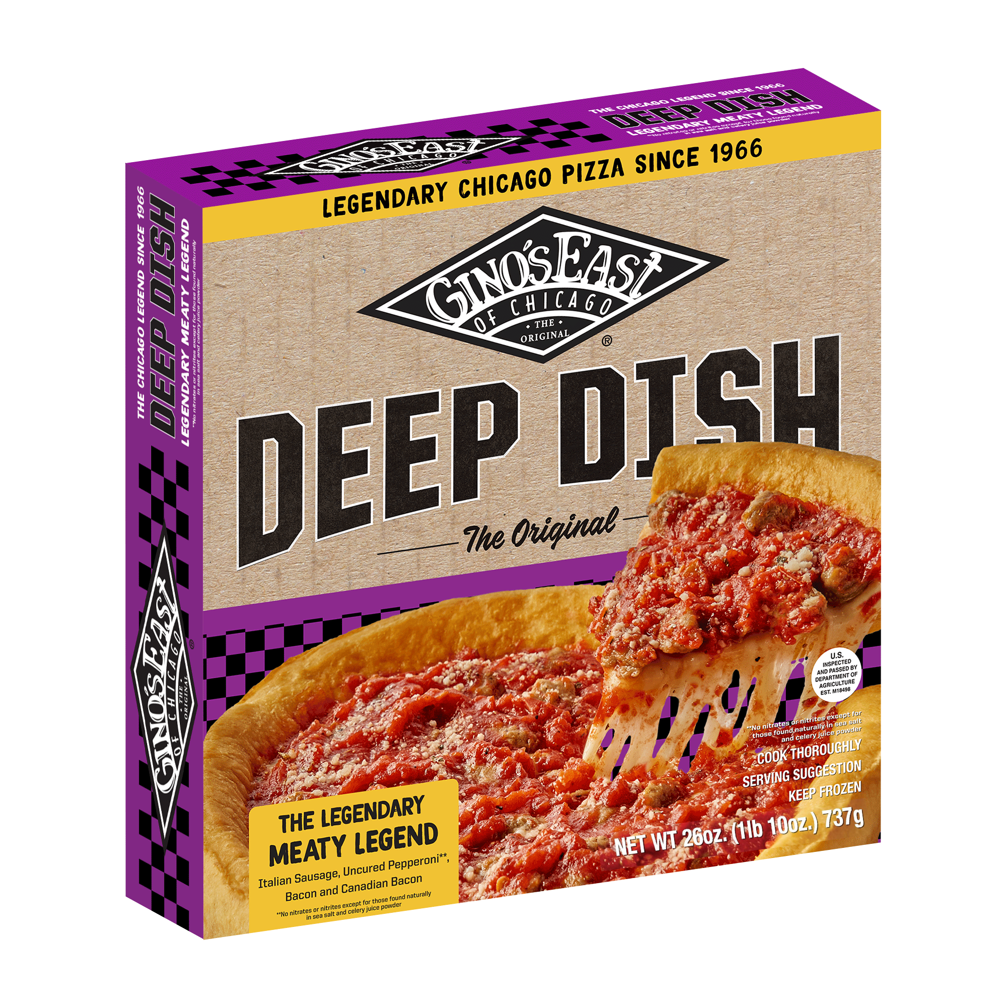 Box of Gino's East Deep Dish pizza featuring a photo of a slice lifted from the pie, with a golden crust and pepperoni and sausage topping, showing melted cheese.