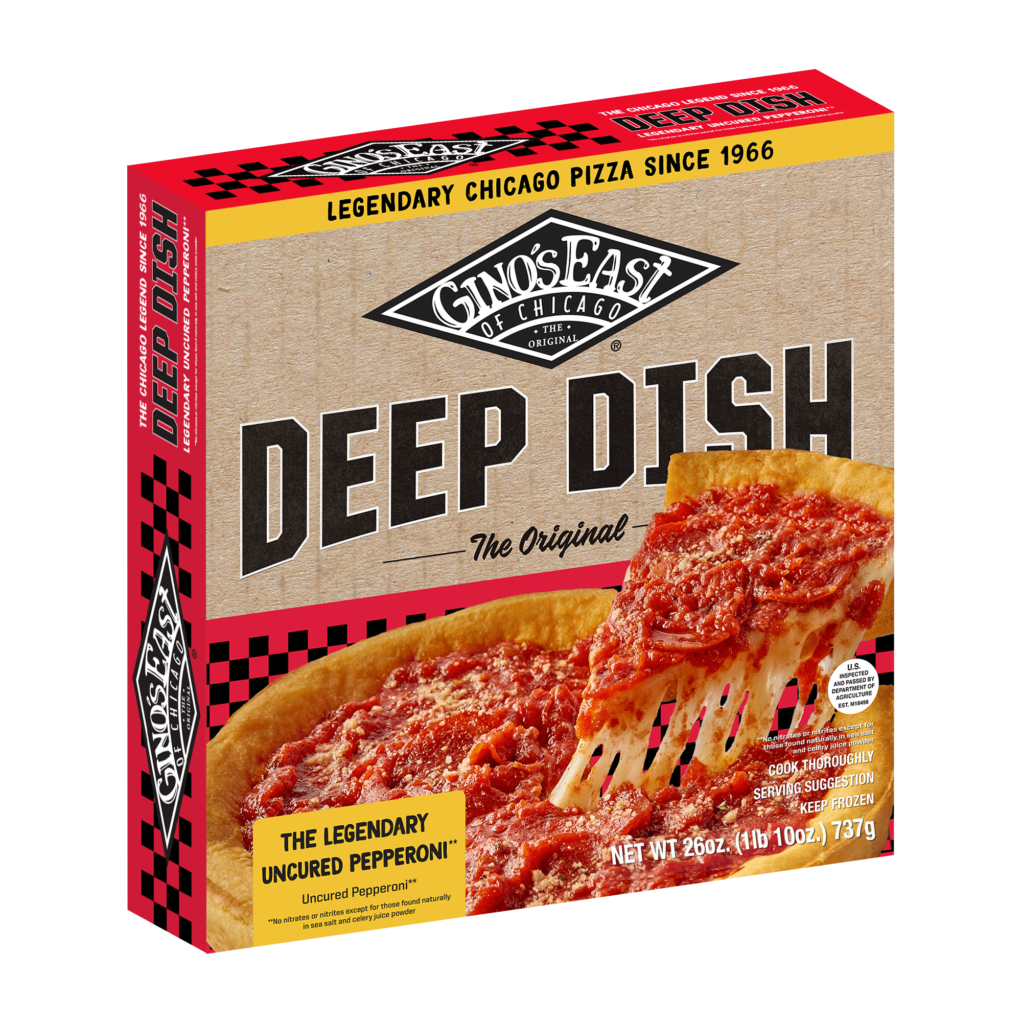 Box of Giordano's Deep Dish pizza, featuring cheese and pepperoni, with a slice lifting off to show melted cheese.