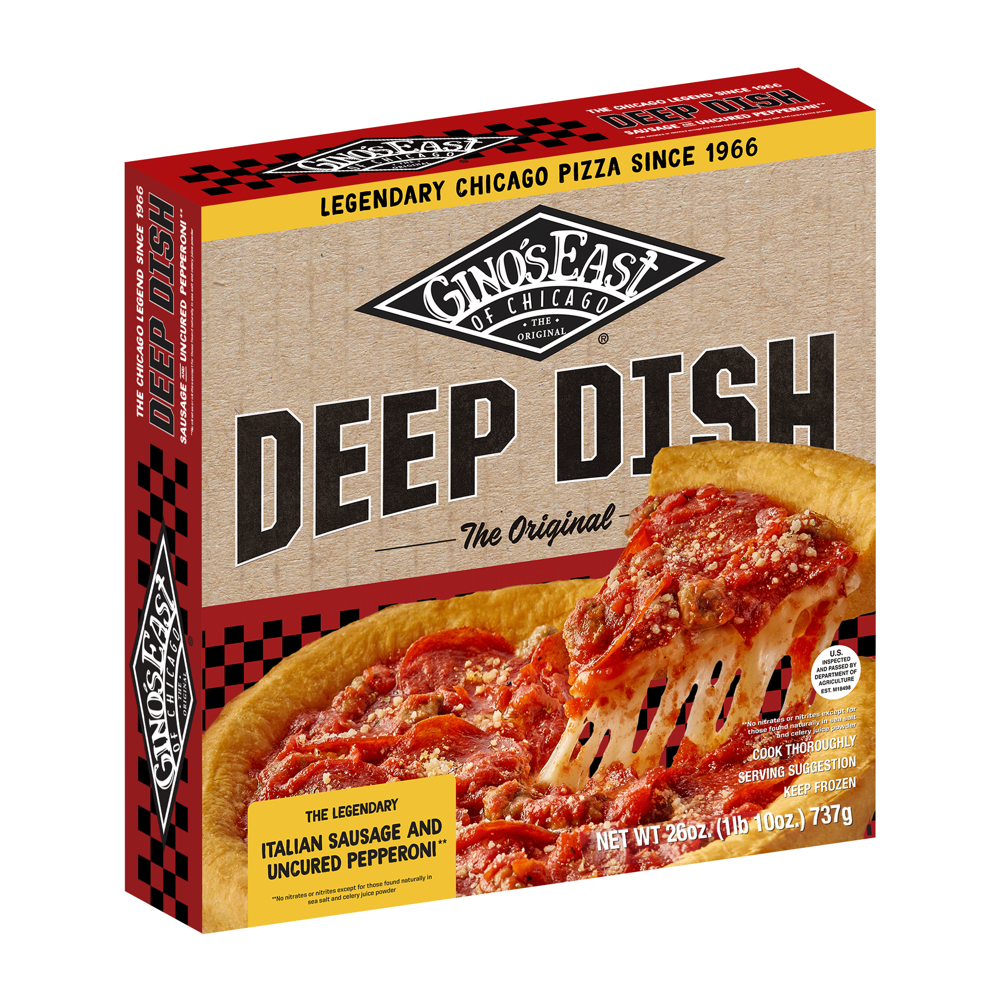 Box of Chicago Deep Dish pizza showing a slice with cheese, meat, and tomato sauce, with branding and product details on the packaging.