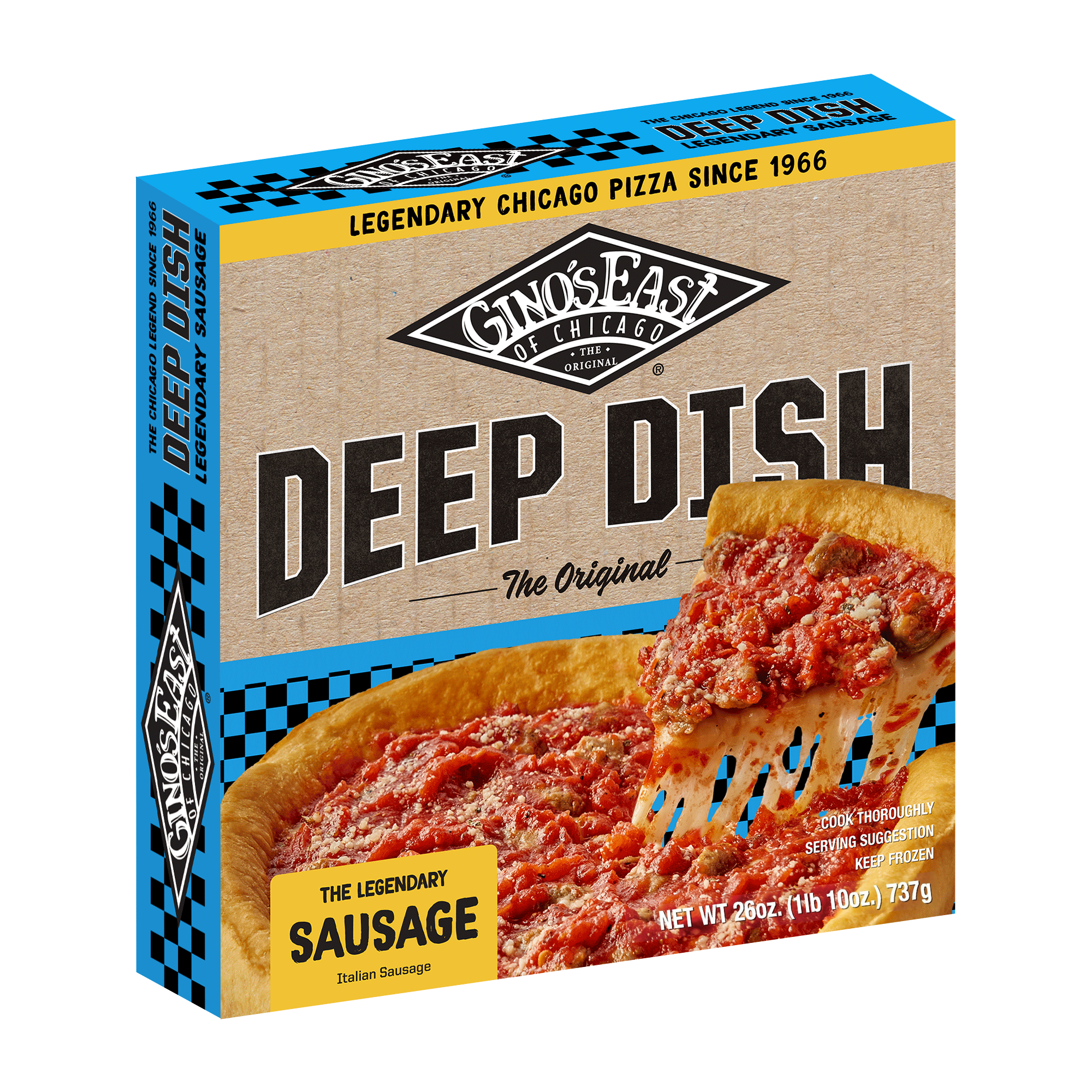 Box of Gino's East Deep Dish pizza with a slice pulled out, showing cheese and sausage topping.