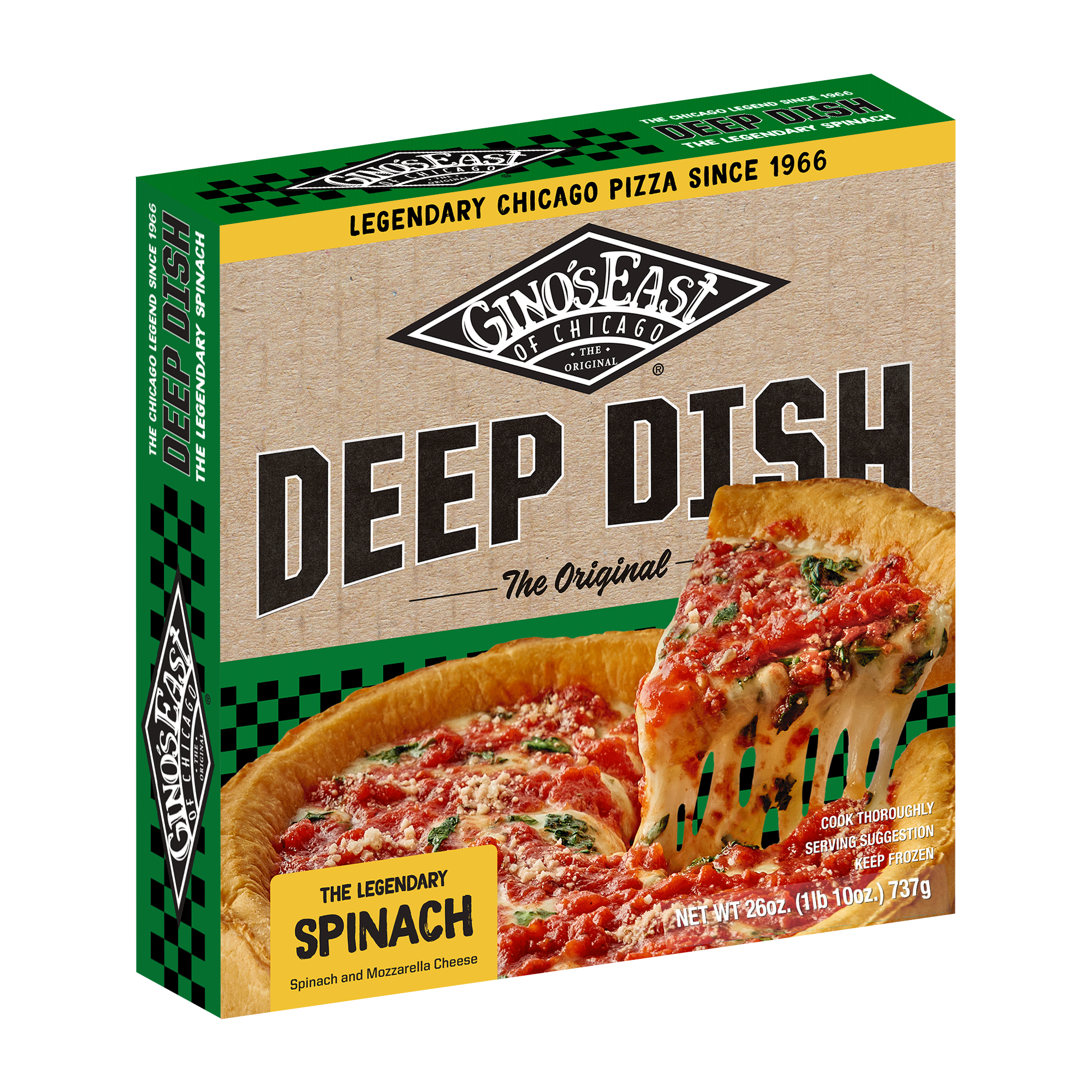 Packaging of Ghino's East Deep Dish pizza, featuring a slice with cheese, spinach, and tomato toppings with a crust edge. The box has green and yellow accents, with the text 'Deep Dish, The Original,' and a yellow label reading 'The Legendary Spinach.'