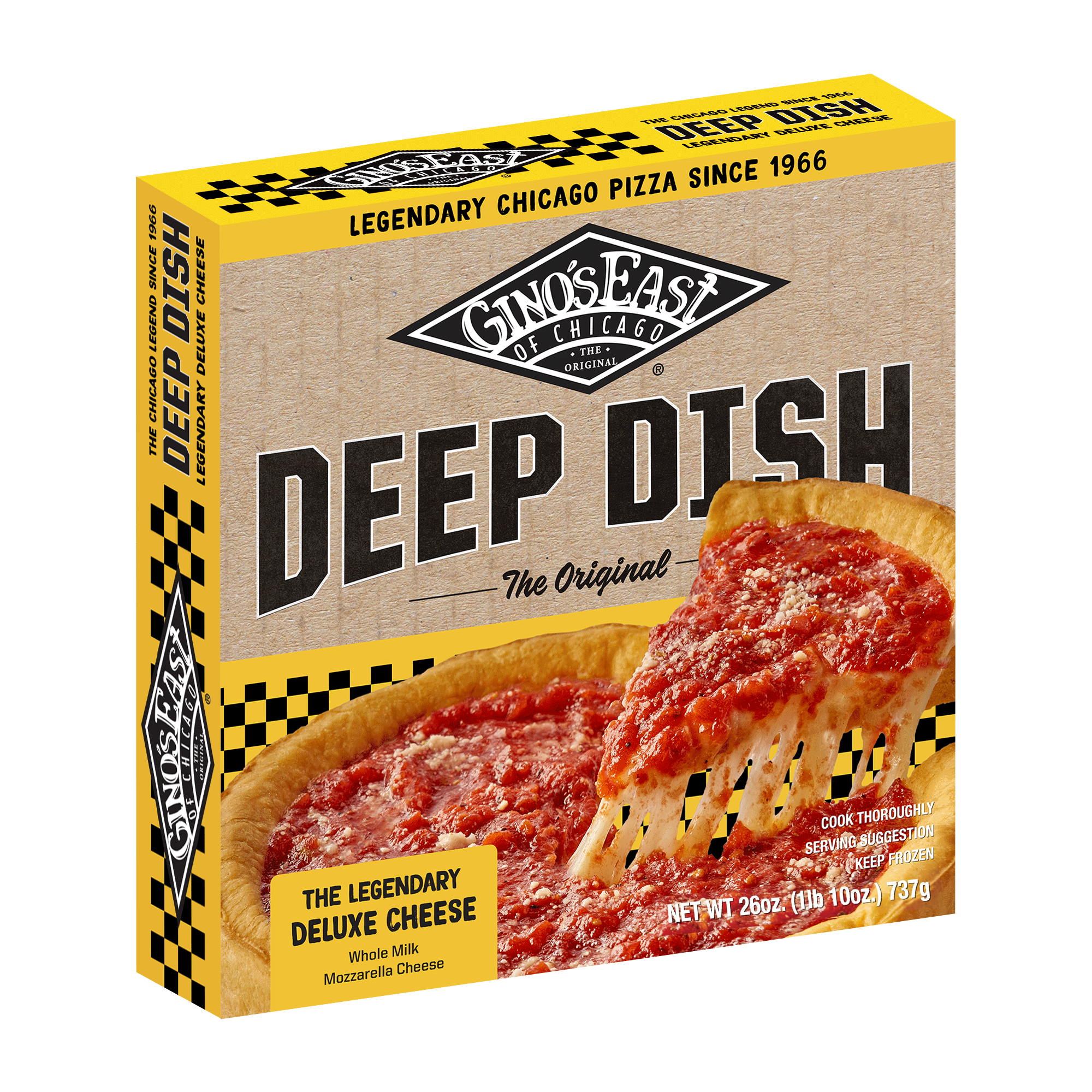 Box of Giordano's Deep Dish pizza with a slice lifted, showing cheese and pepperoni.