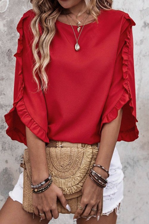 Fiery Red Frill Tulip Sleeve Blouse
