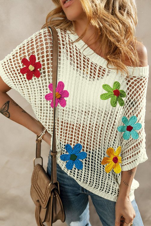 White Open Knit Colorful Flowers top