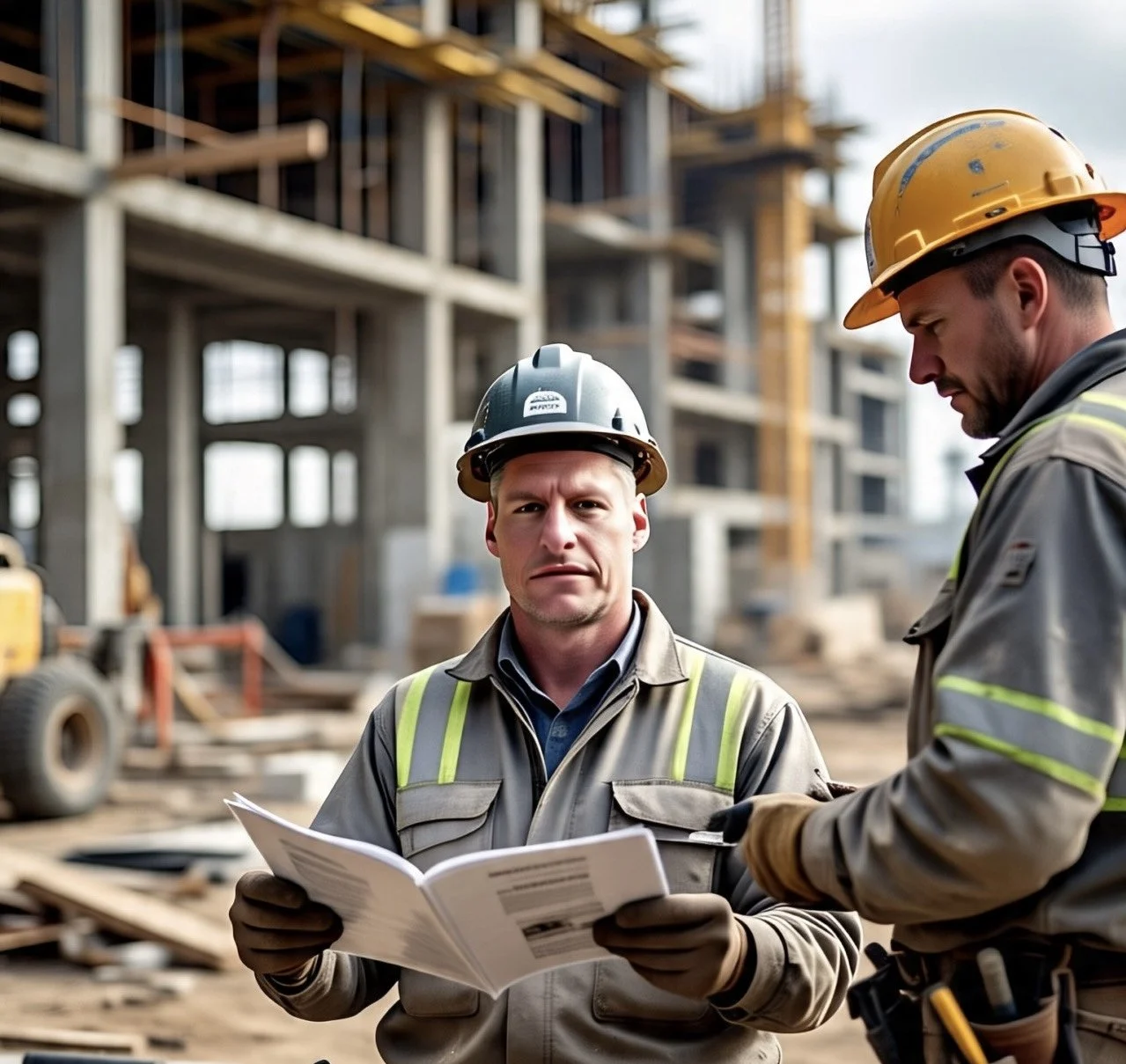 Construction worker in hard hat reading blueprints on a job site.