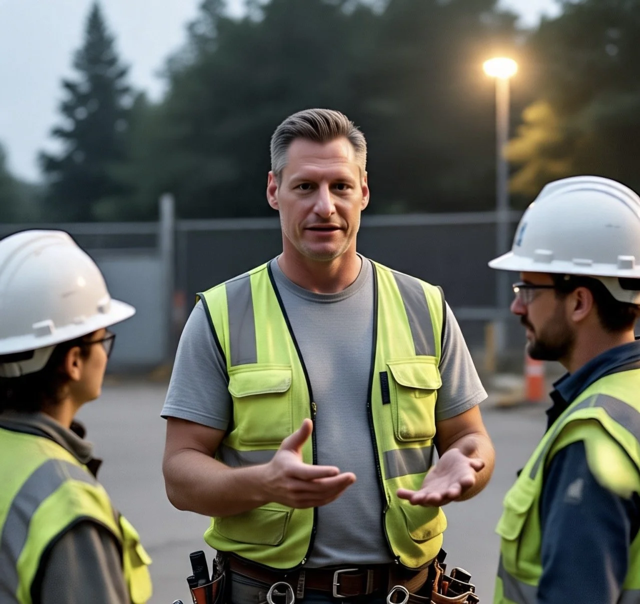 Construction worker in safety gear discussing documents with another person on a construction site.