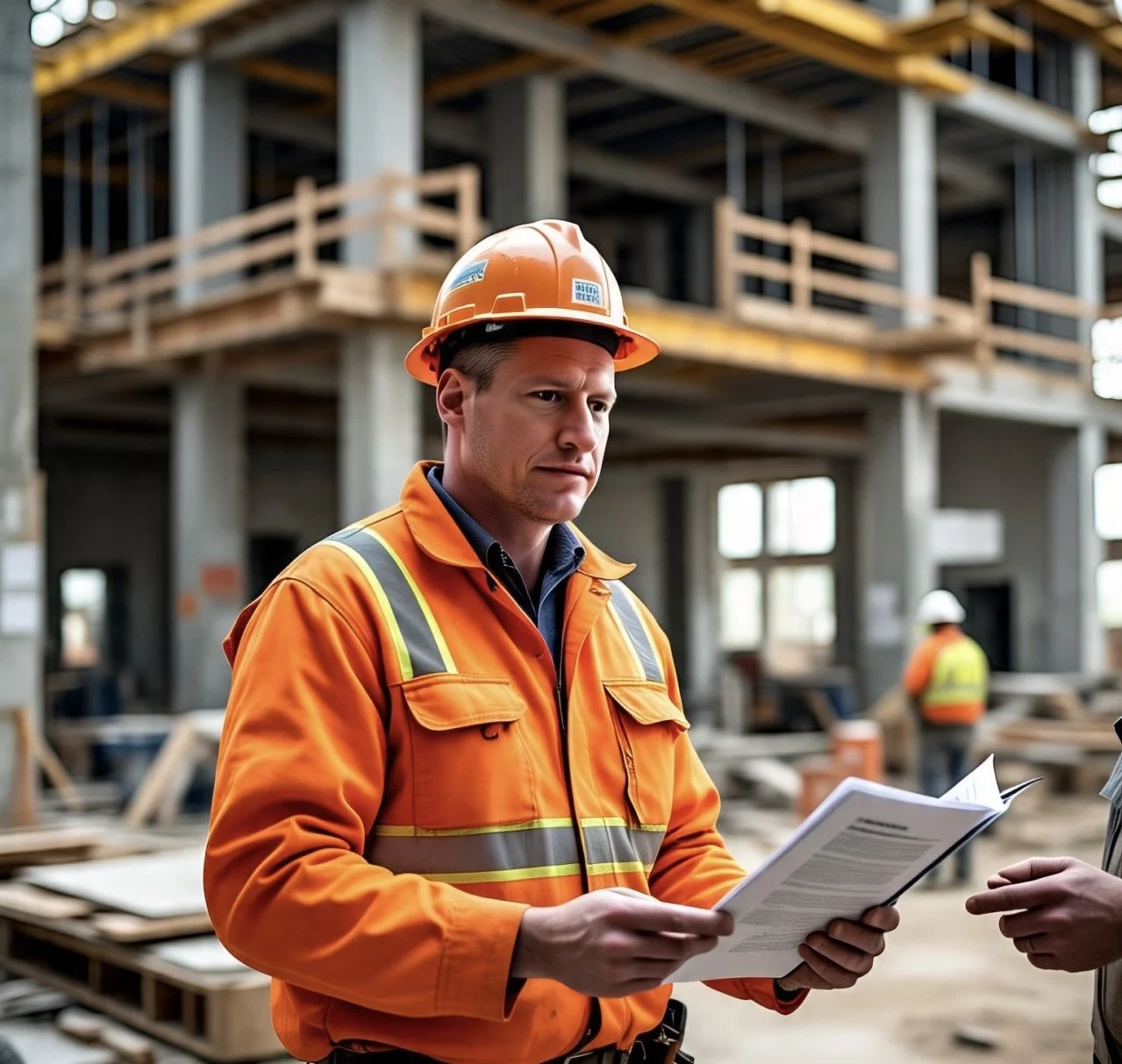 Three construction workers in safety gear discussing on a rooftop, next to solar panels.