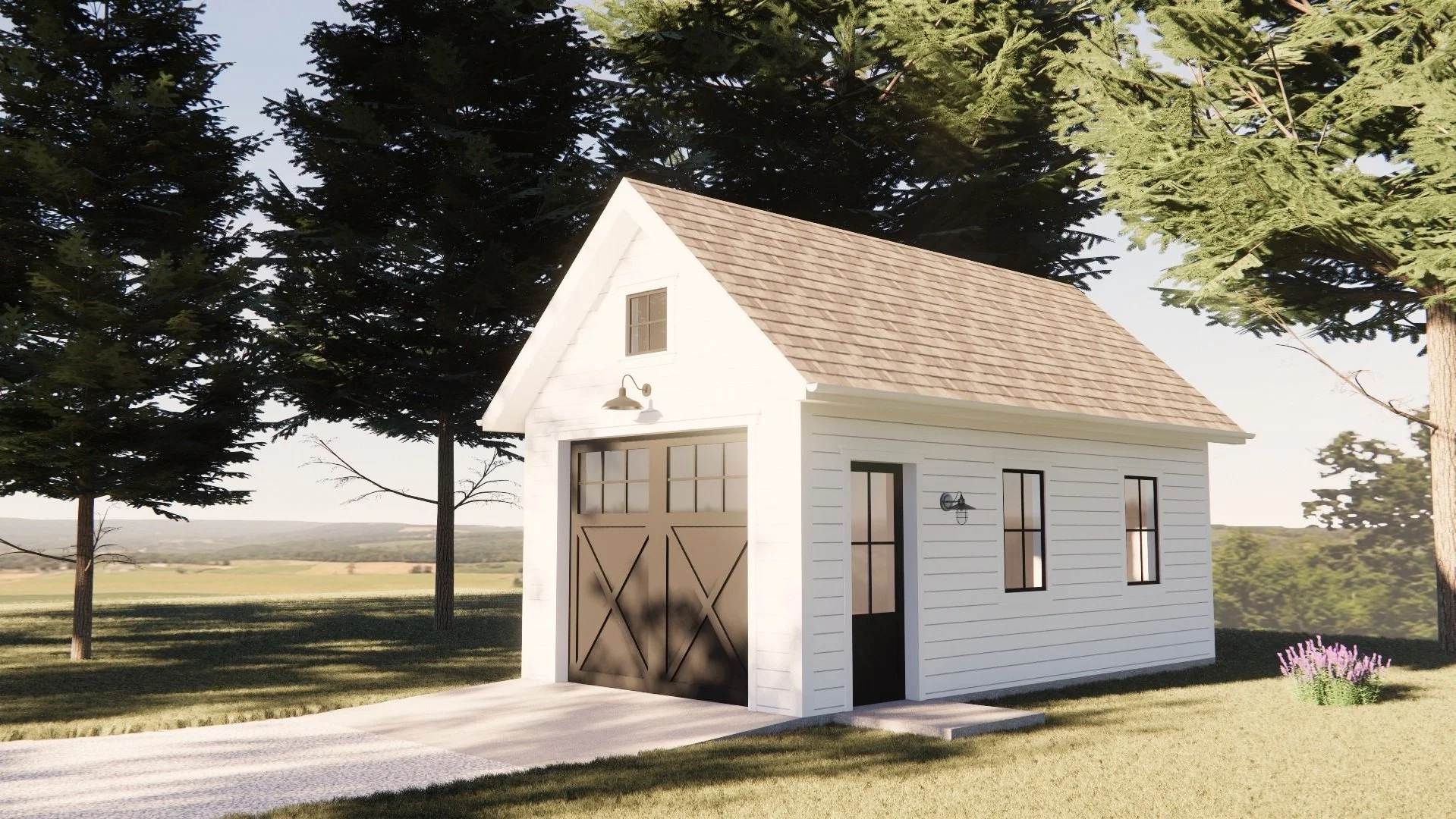 A small white garage with a gabled roof, black double hung windows, a black door, and a rustic barn-style door in a grassy yard with trees and a distant landscape.
