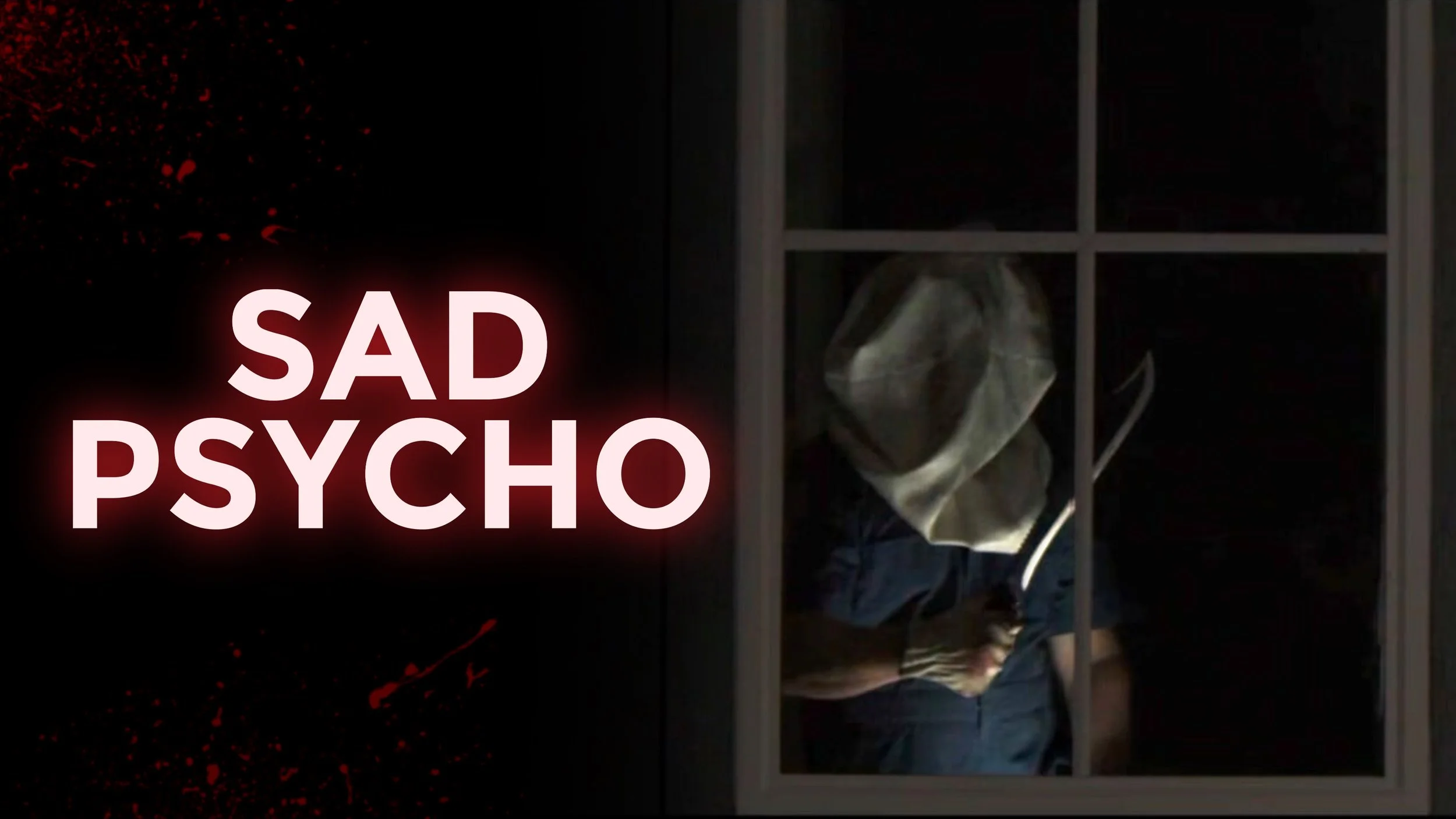 A person wearing a face mask and hoodie, sitting outside at night, with the words 'Sad Psycho' in red on the left side of the image.