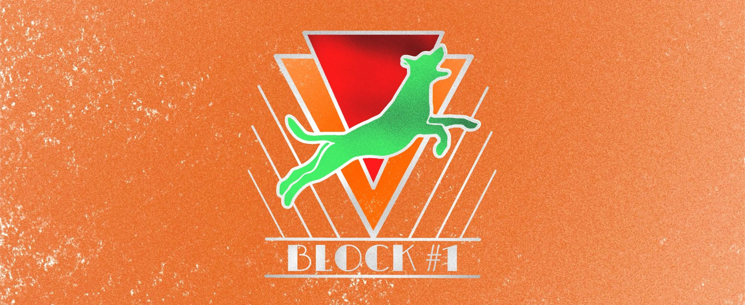 Graphic with a green dinosaur jumping through a red and orange geometric shape, with the text 'Block #1' underneath.
