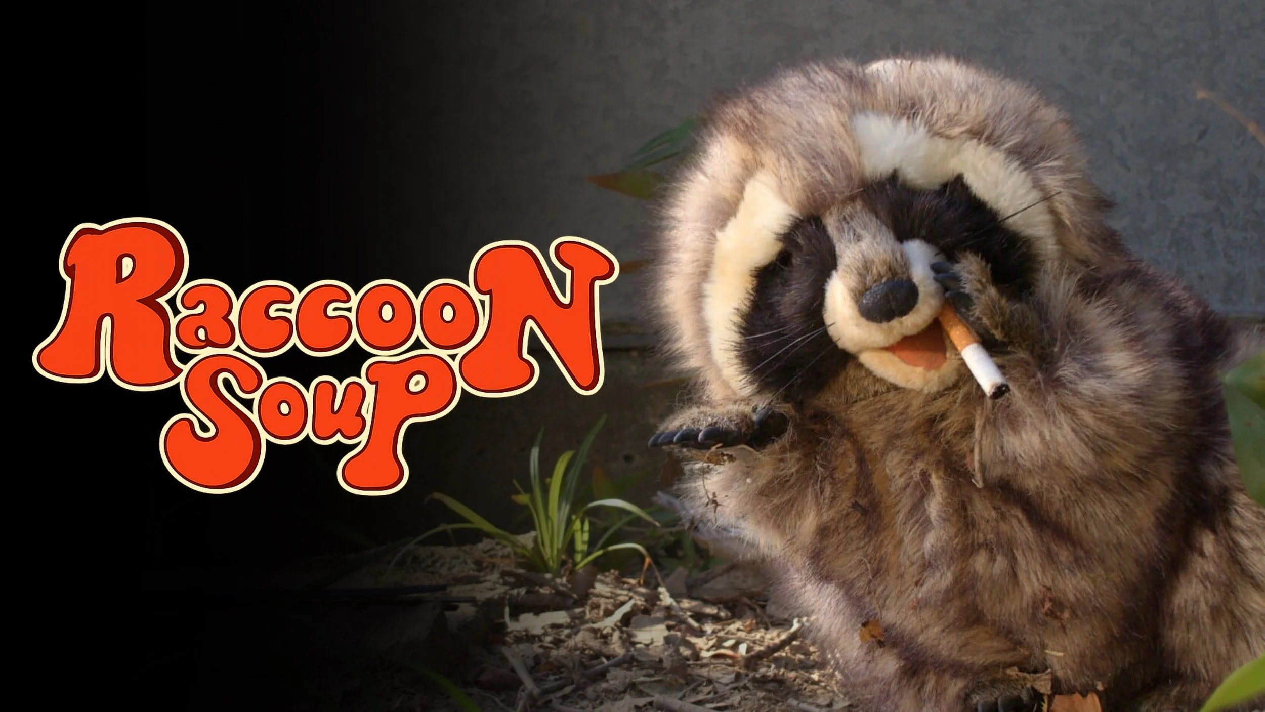 A raccoon holding a cigarette in its paw, with the title 'Raccoon Soup' in orange letters on a black background.