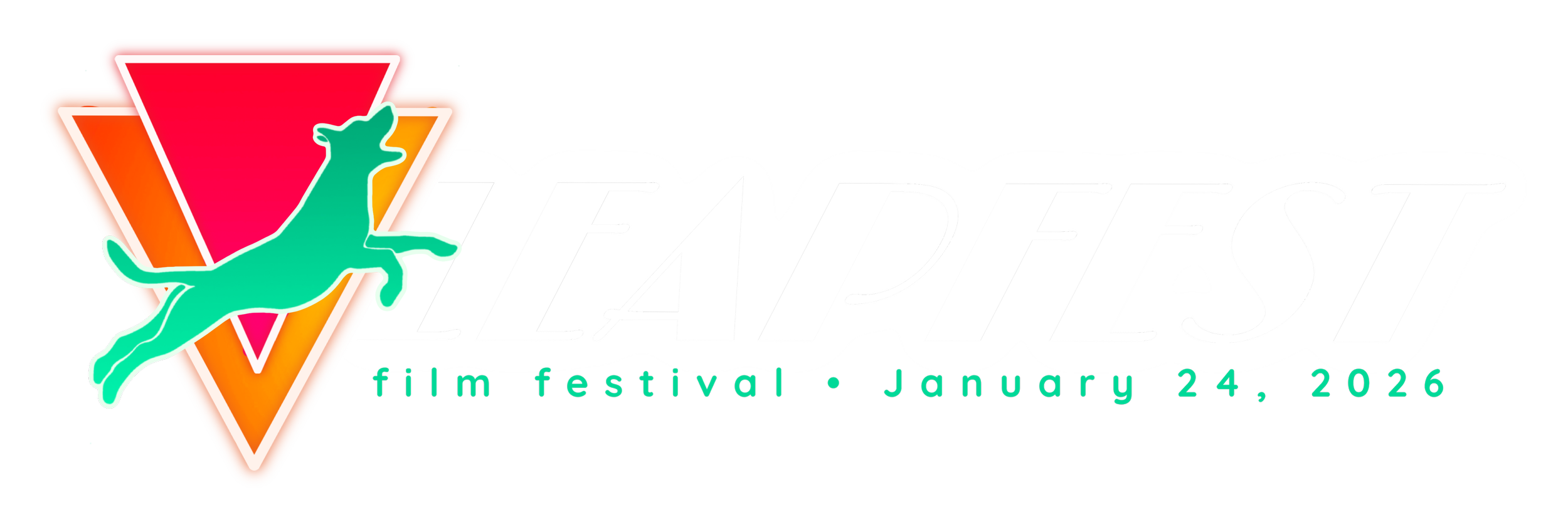 Neon style logo for a film festival with a jumping lizard, orange and pink triangles, and teal text reading 'film festival • January 24, 2026'.