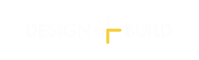Logo with the words 'Design + Build' in black and white, with a yellow plus sign between the words.