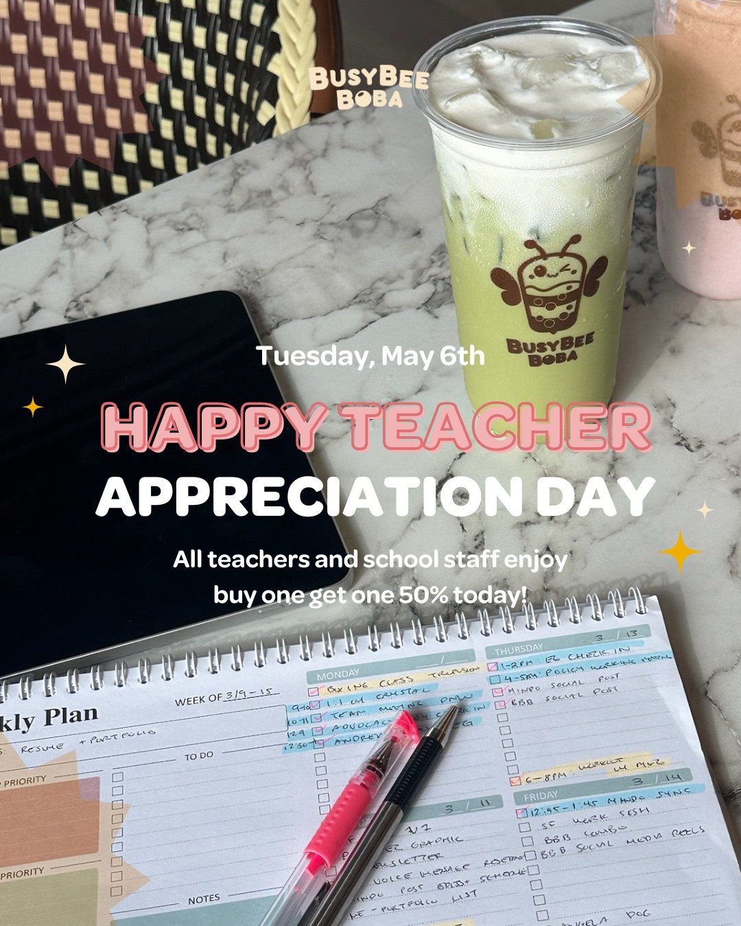 🍎 Thank you, teachers and school staff, for all that you do! ✨ 

This Tuesday, May 6th, we're celebrating YOU with a special treat: buy one drink, get one 50% off all day long!

Swing by and let us show our appreciation. Thank you for inspiring, lea