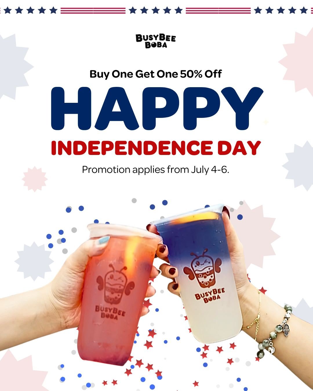 🎆 Sip, sparkle, and celebrate! 🎇 We&rsquo;re serving up a Buy One Get One 50% Off promotion for Independence Day weekend 🇺🇸🧋

📅 Friday, July 4th&ndash; Sunday, July 6th
🍓 Mix and match your faves
📍Available in-store &amp; drive-thru

Bring a 