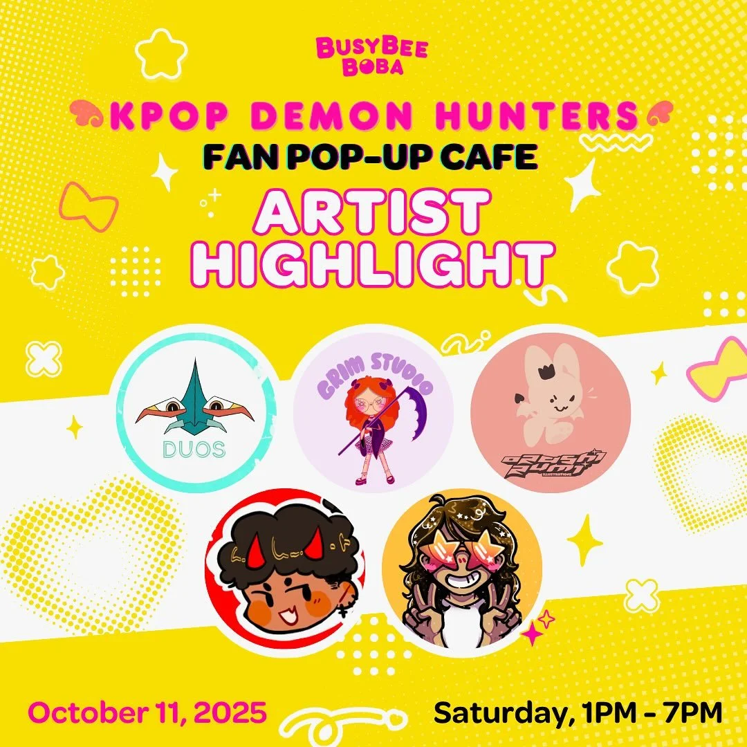 ✨ ARTIST HIGHLIGHT ✨
Meet the amazing creators that will be vending at our K-Pop Demon Hunters Fan Pop-Up Caf&eacute; next Saturday, October 11th! 💥

We&rsquo;re featuring exclusive merch, prints, and stickers from these incredible artists:
🎨 @duos