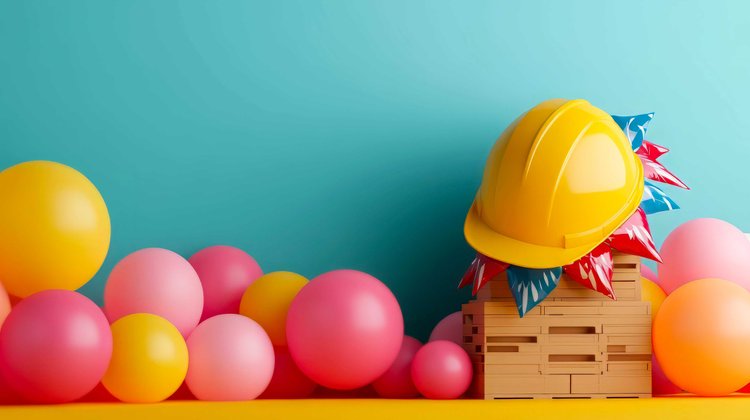 Construction-themed birthday party setup with hard hats