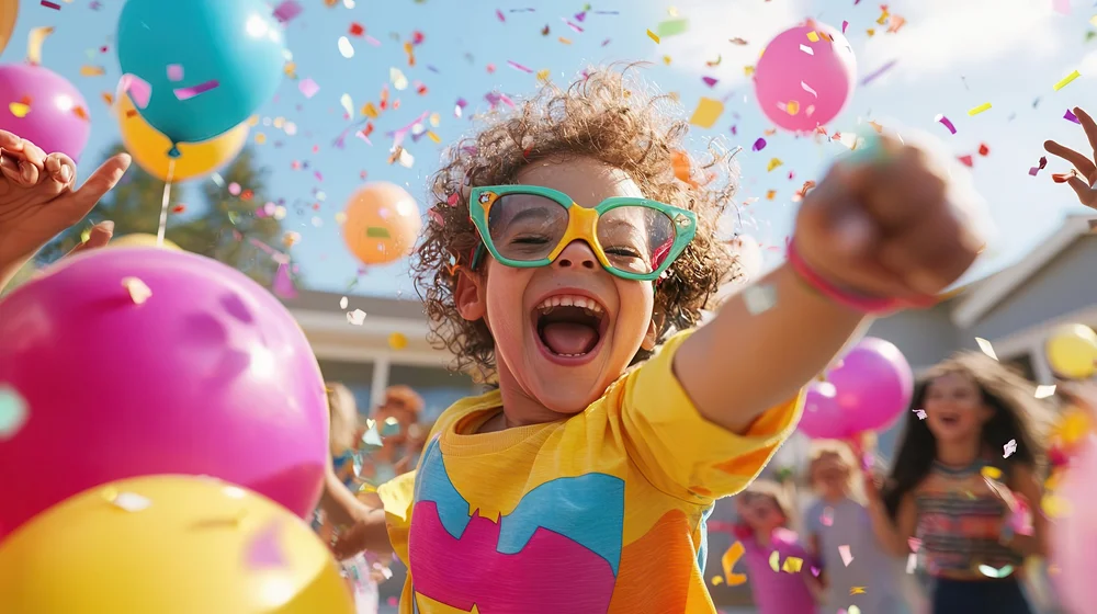 Child in colorful sunglasses and a yellow shirt reaching joyfully toward the camera at a birthday party, balloons and confetti behind