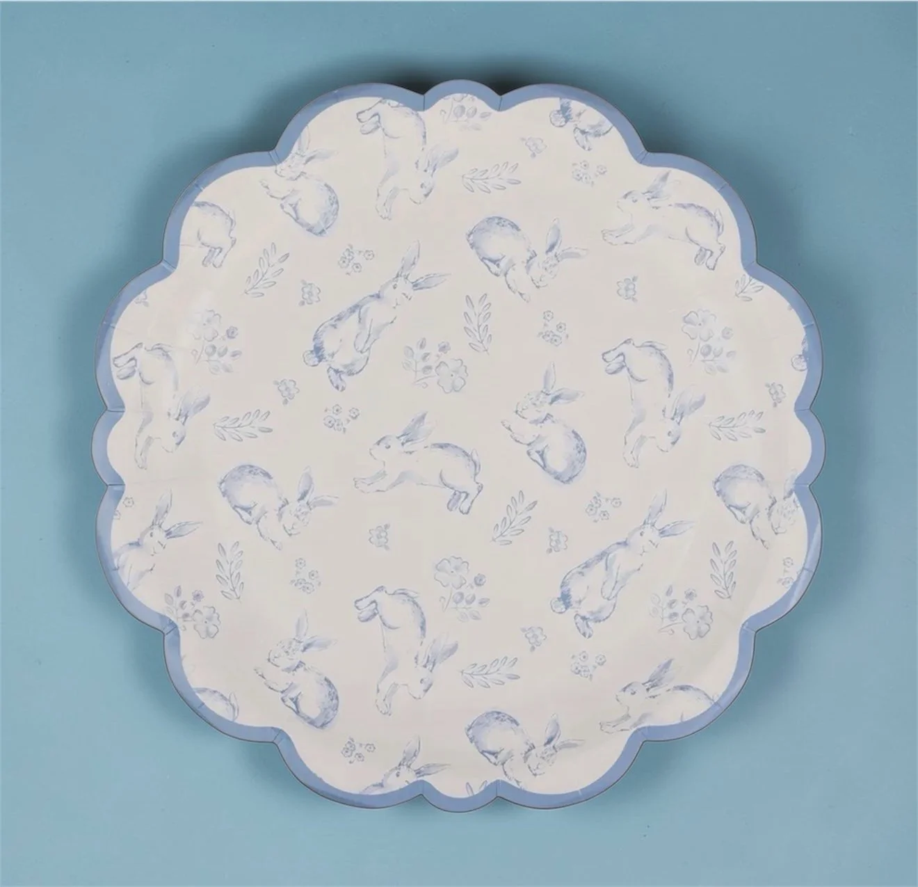 Blue Bunny Toile Scalloped Paper Plates