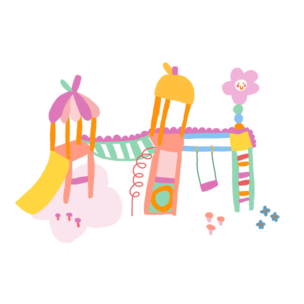 Whimsical illustration of a playground with a slide, jungle gym, tent canopy, and smiling flower, by Charlotte Klein