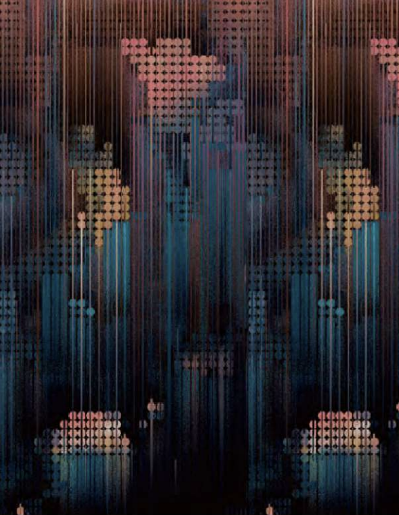 Axminster and Print Hospitality Carpets - suitable to pubs, clubs, hotels, bars:  An abstract digital artwork featuring vertical lines and pixelated cloud-like shapes in pink, orange, and blue shades.