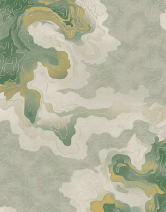 Axminster and Print Hospitality Carpets - suitable to pubs, clubs, hotels, bars:  Abstract topographic map with swirling patterns and shades of green, beige, and yellow.