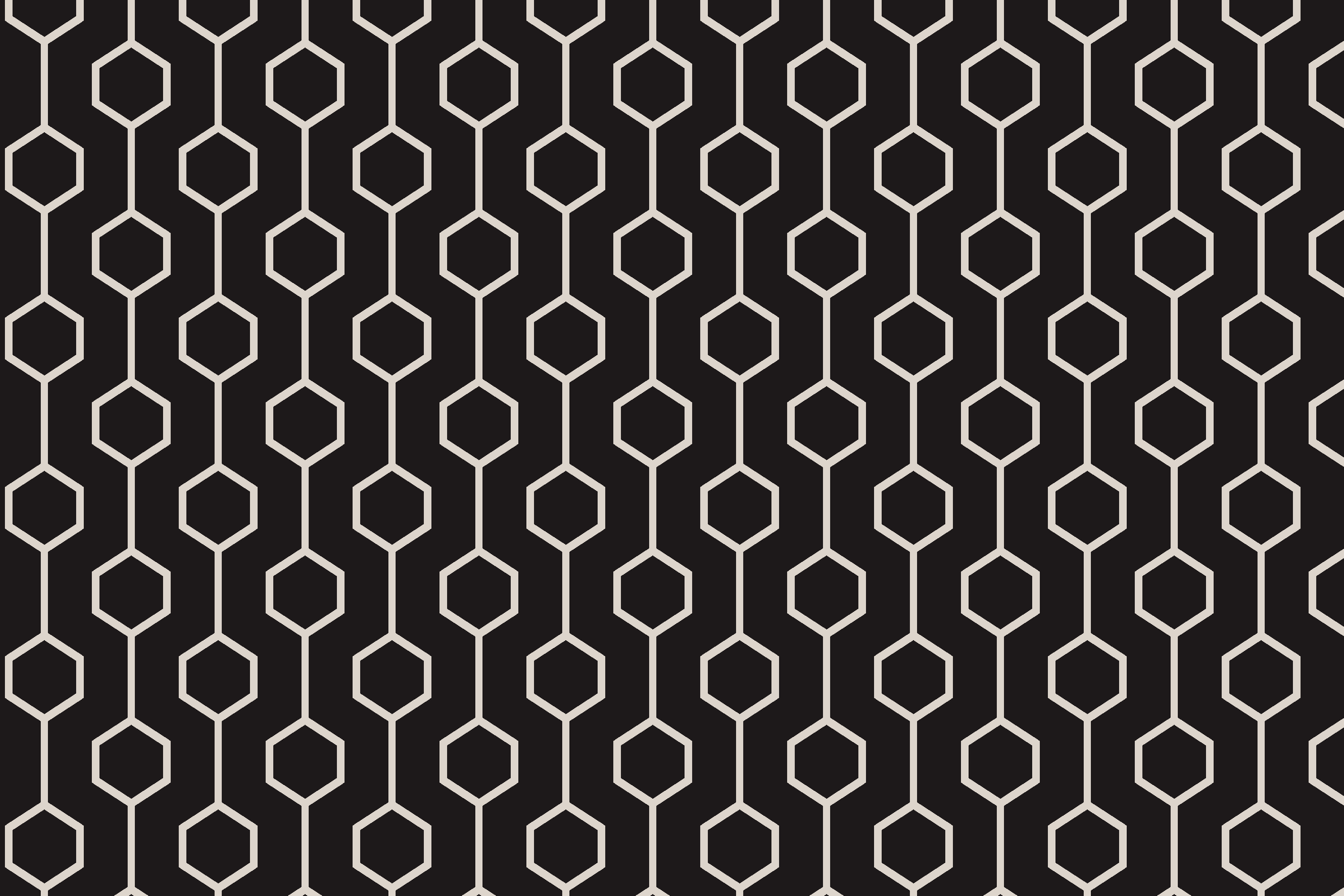 Black background with a repeating pattern of gray hexagons outlined in light gray.