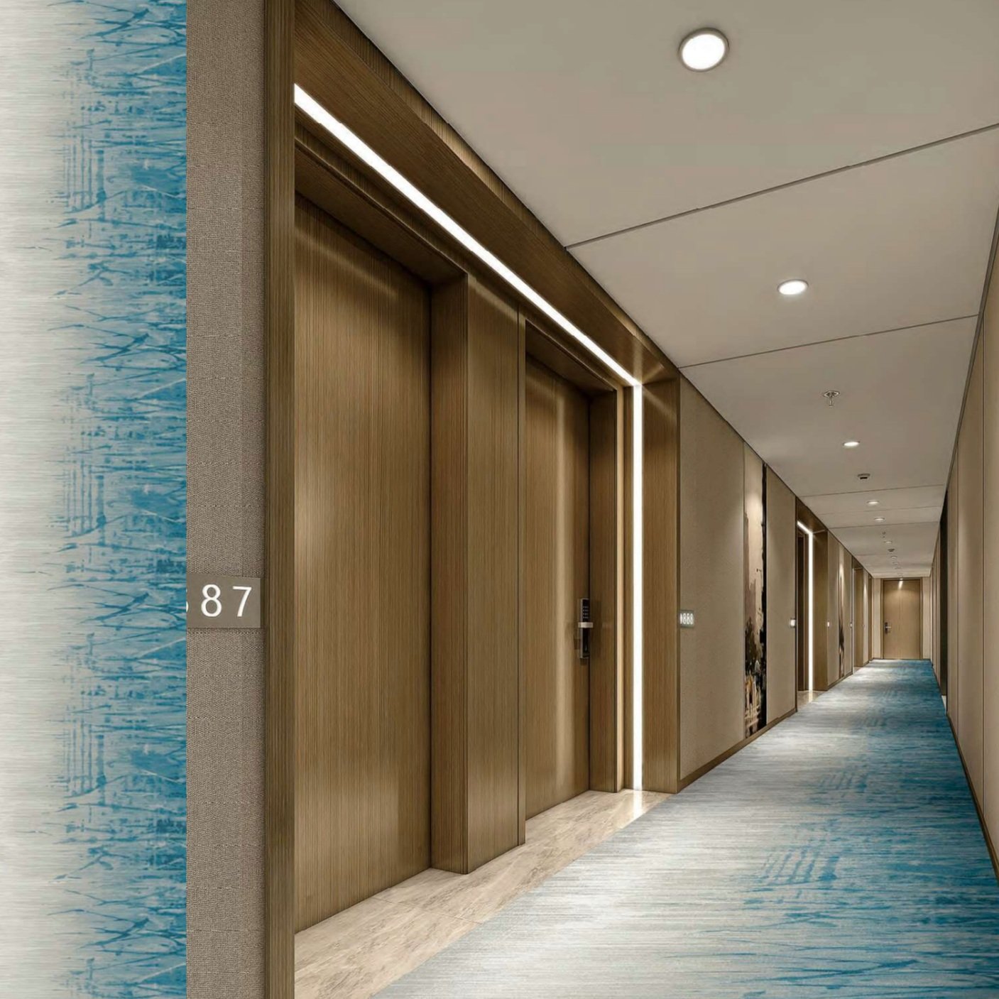 Axminster and Print Hospitality Carpets - suitable to pubs, clubs, hotels, bars:  Hotel corridor with wooden elevator doors, blue and beige patterned carpet, and room number 87 on the wall.