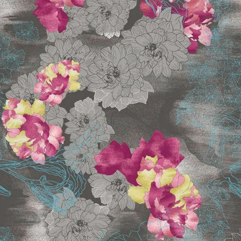 Axminster and Print Hospitality Carpets - suitable to pubs, clubs, hotels, bars:  Floral pattern with pink, yellow, and purple flowers, with some outlined in blue and black, on a dark textured background.