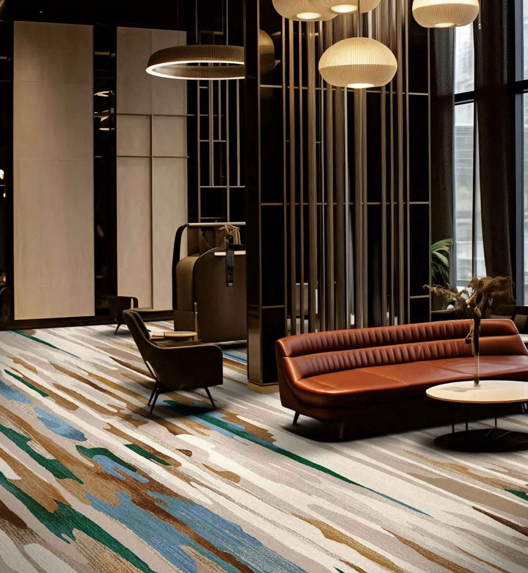 Axminster and Print Hospitality Carpets -Modern hotel lobby with colorful striped rug, tan leather lounge chair, black accent chair, round marble coffee table, and decorative lighting fixtures, large window with dark curtains, and some indoor plants.