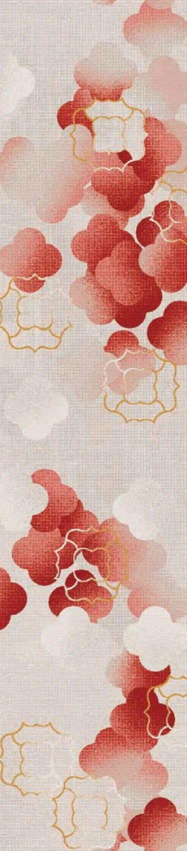 Axminster and Print Hospitality Carpets - suitable to pubs, clubs, hotels, bars:  Abstract pattern of red and white clouds with gold outlines on a beige background.