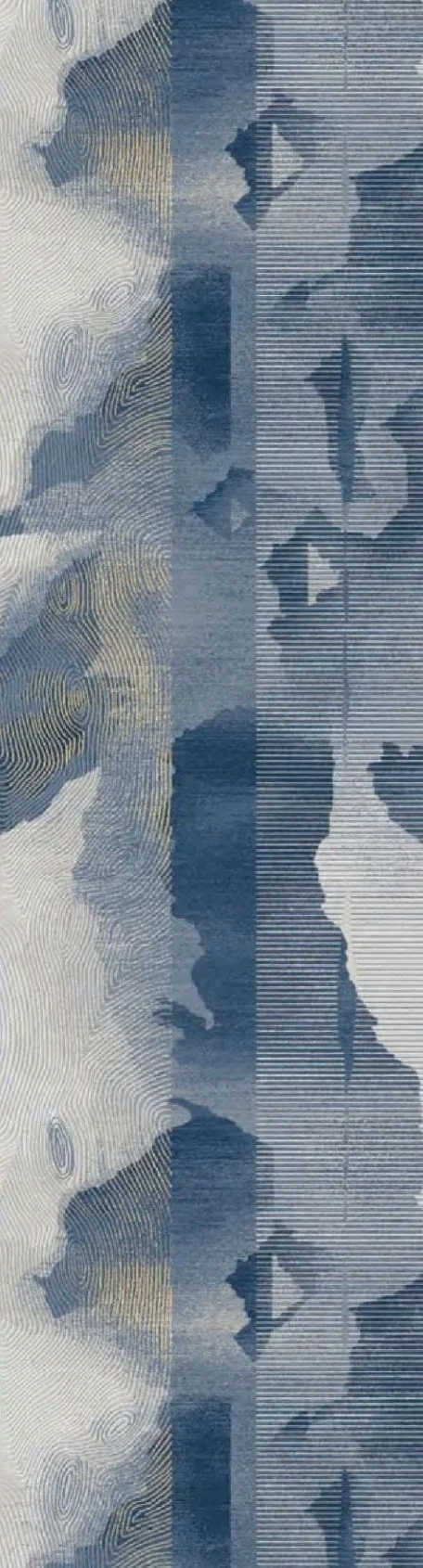 Axminster and Print Hospitality Carpets - suitable to pubs, clubs, hotels, bars:  A digital pattern that resembles a mirrored landscape scene with mountains and clouds, created with horizontal and vertical lines in shades of blue, white, and gray.