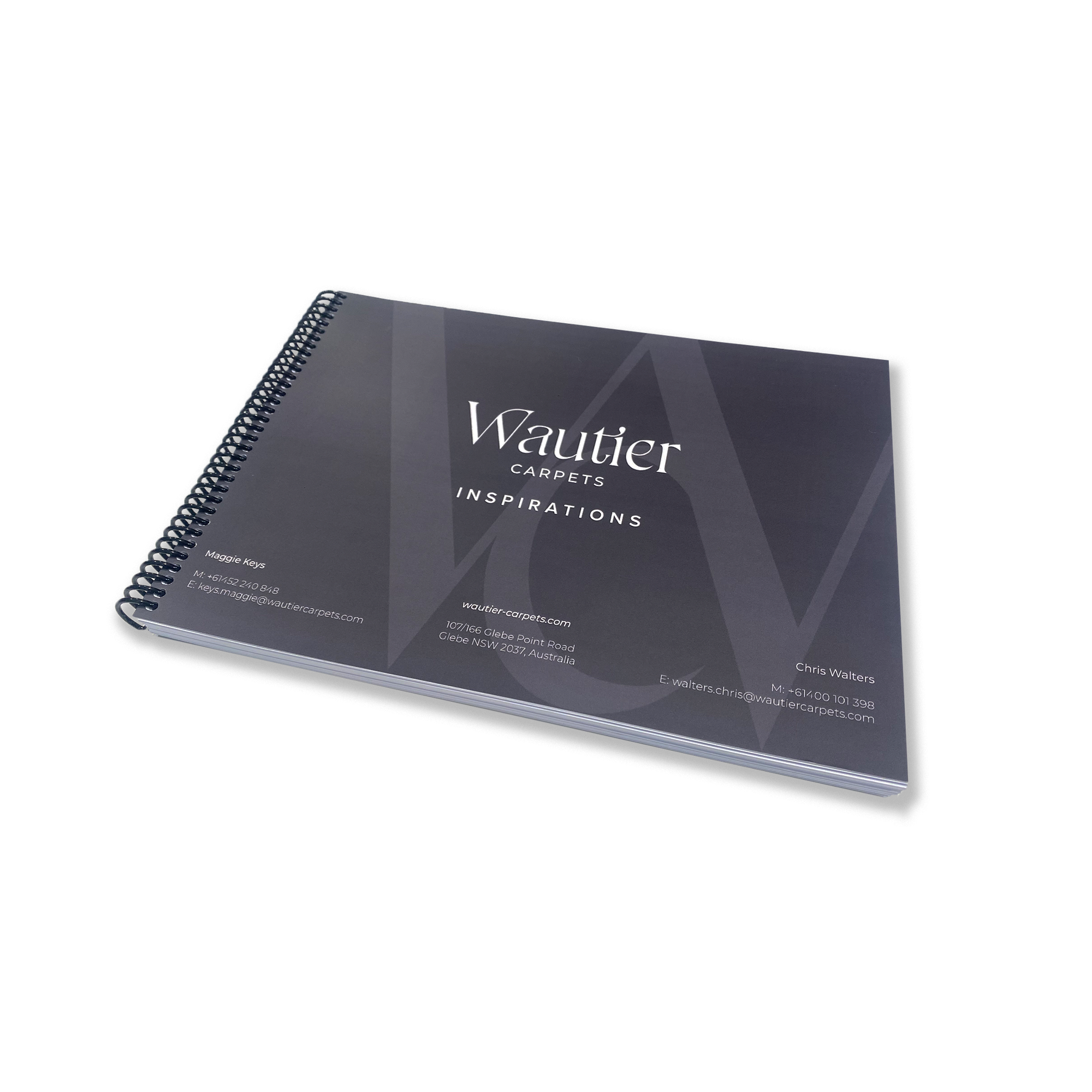 Spiral-bound catalog or brochure titled 'Wautier Carpets Inspirations' with contact information and address in Australia, featuring a dark background with geometric design elements.