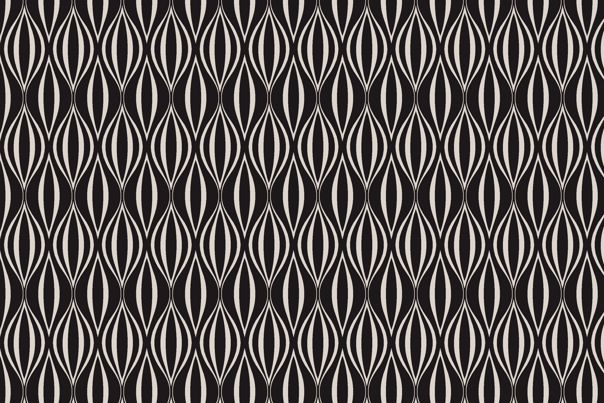 Black and beige geometric-patterned wallpaper with elongated oval and petal shapes.