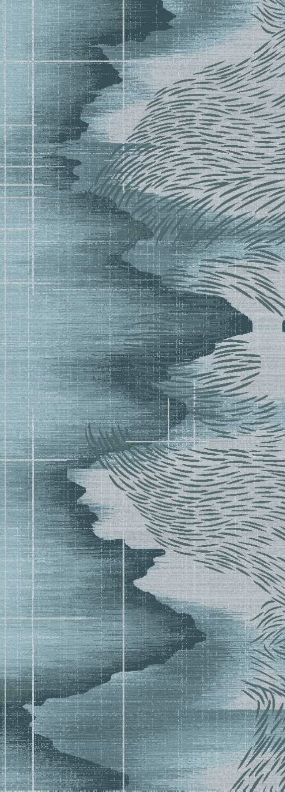 Axminster and Print Hospitality Carpets - suitable to pubs, clubs, hotels, bars:  An abstract artistic illustration featuring layered mountain ranges, clouds, and flowing lines in shades of blue and gray.