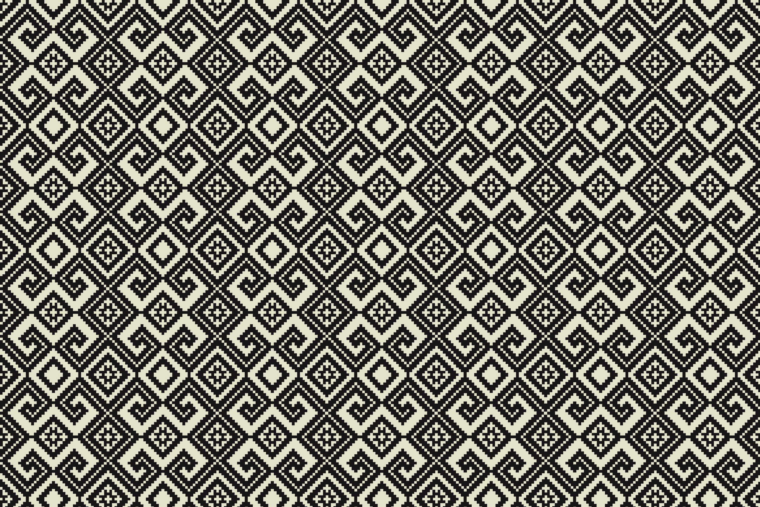 Black and white geometric patterned fabric or wallpaper with interlocking diamond shapes and intricate designs.
