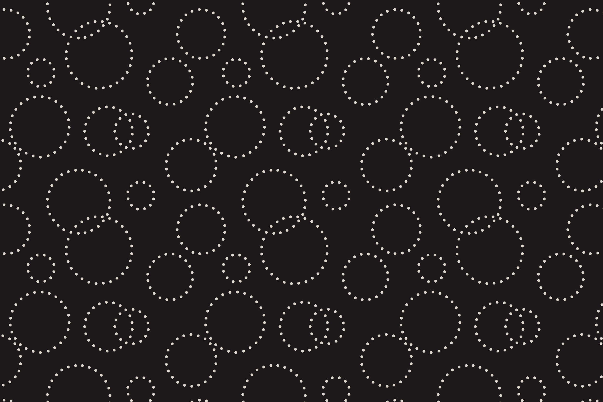 Black background with white dotted circles forming interconnected swirling patterns.