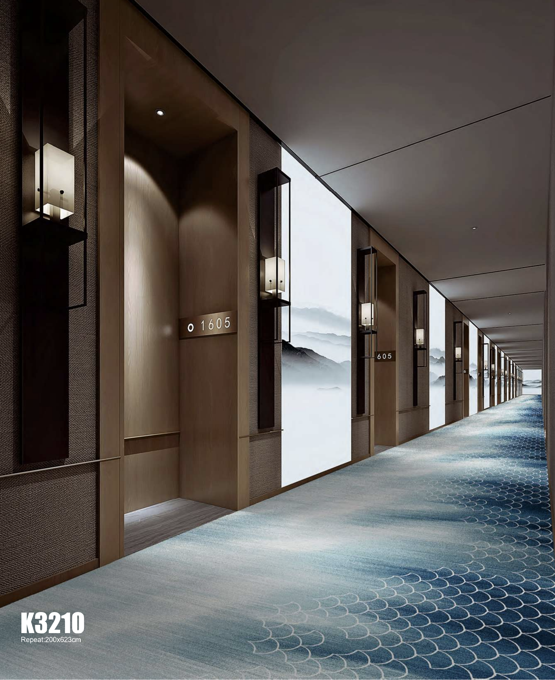 Axminster and Print Hospitality Carpets - suitable to pubs, clubs, hotels, barHotel corridor with wooden doors, modern wall-mounted light fixtures, and a carpet with a blue geometric pattern. Mountain landscape wallpaper is visible in the background.