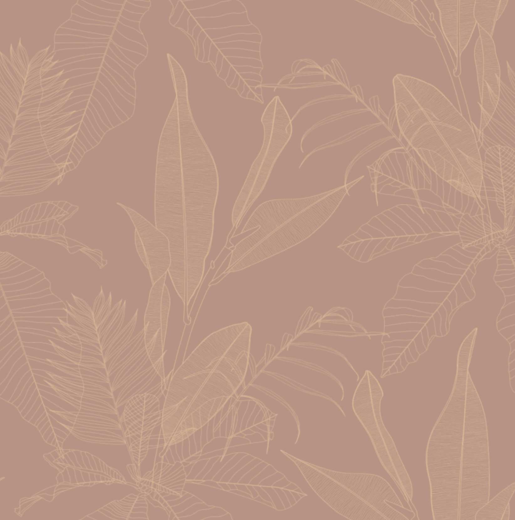 Sepia background with white line drawings of large tropical leaves.