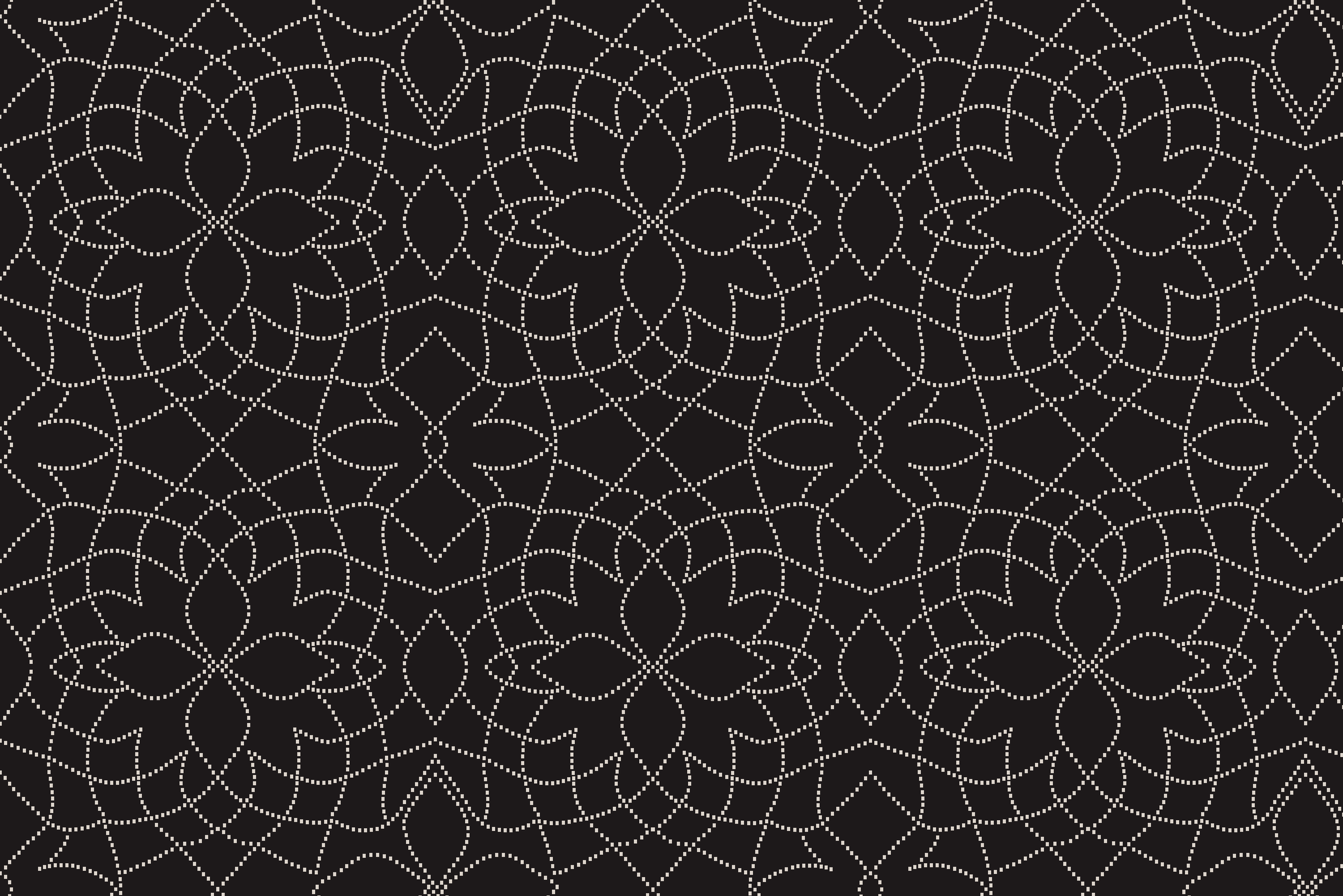 Black background with a white dotted geometric pattern featuring interconnected floral and star shapes.