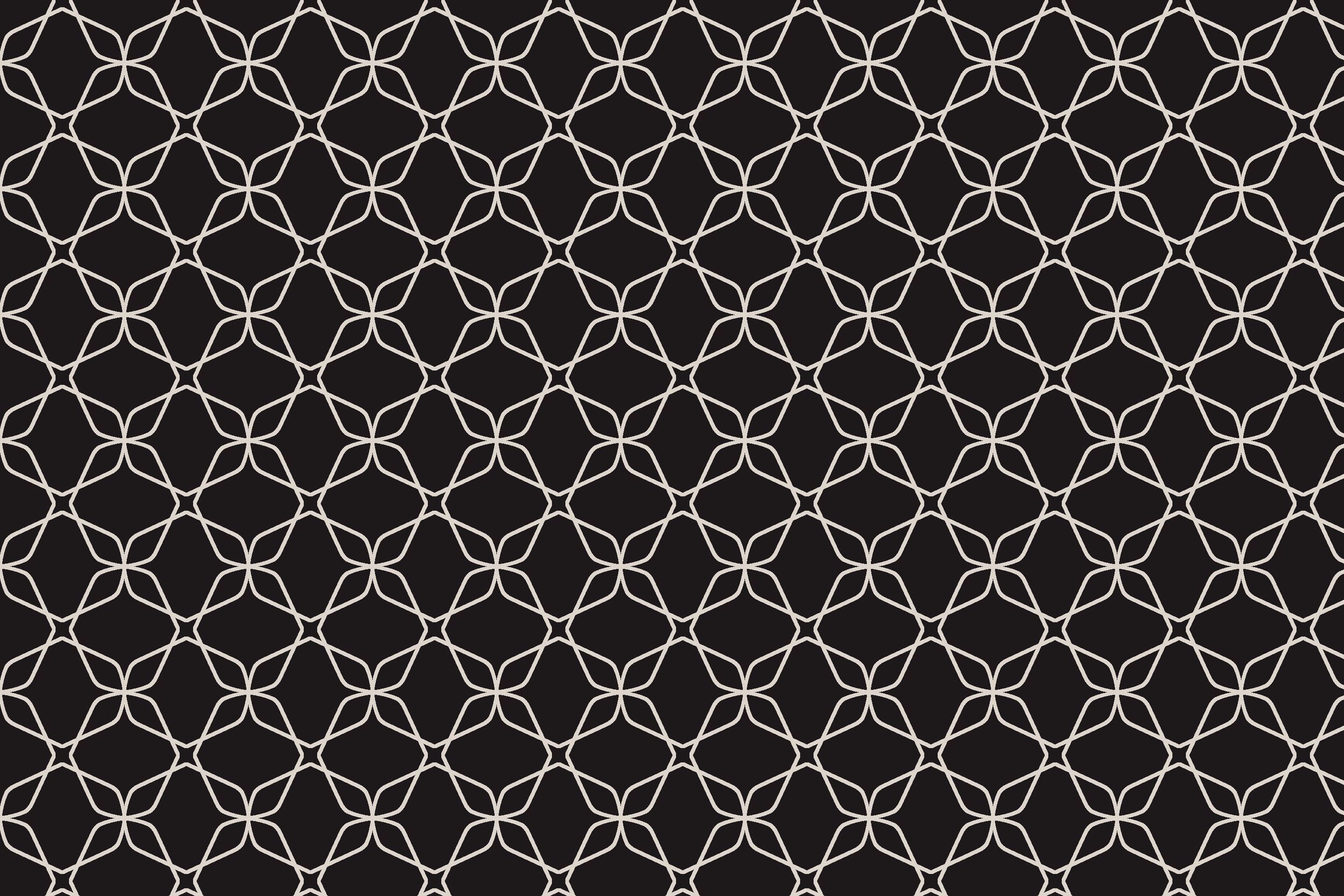 A pattern of interconnected white geometric shapes forming a repeating honeycomb-like design on a black background.