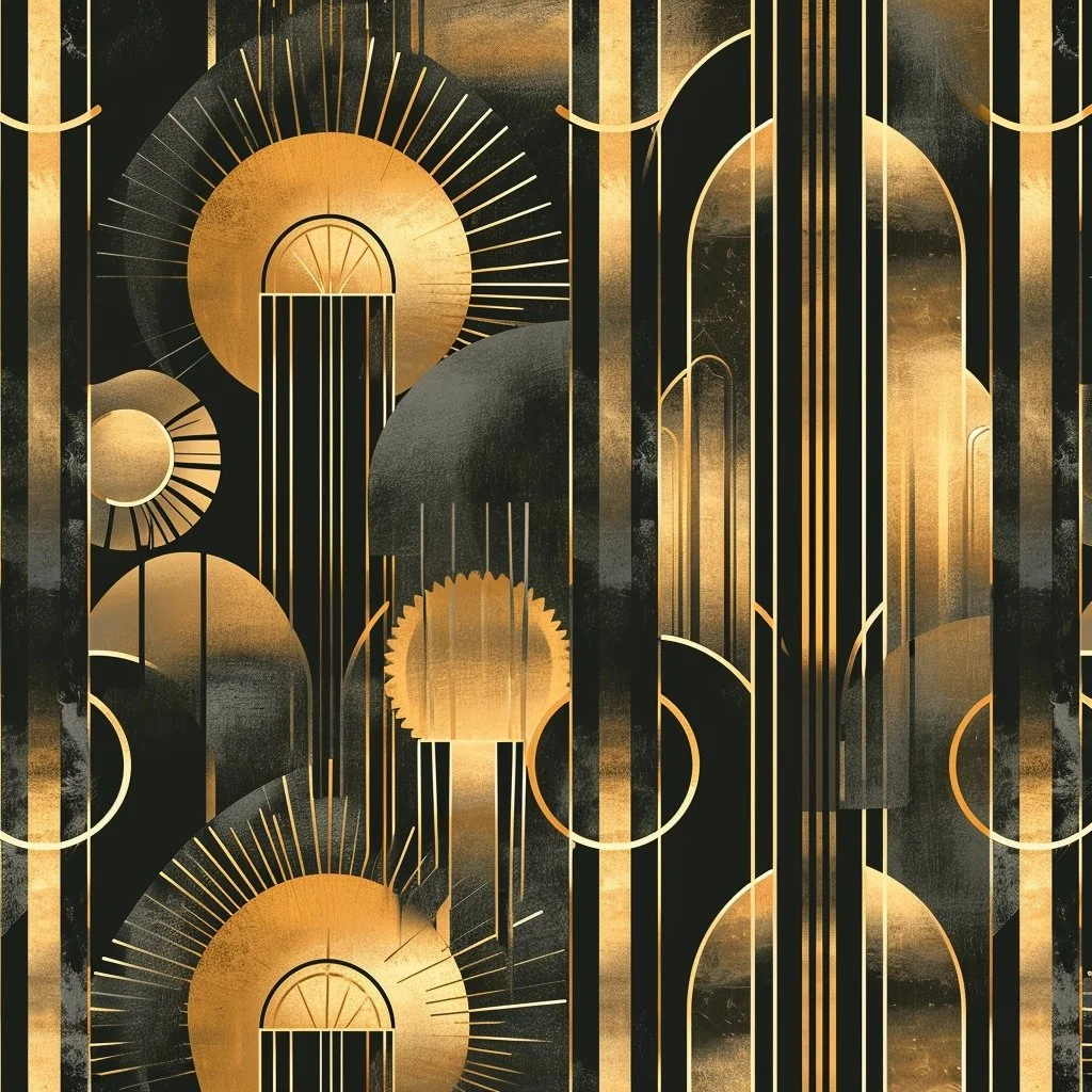 Axminster and Print Hospitality Carpets - suitable to pubs, clubs, hotels, bars: Abstract geometric pattern featuring circles, lines, and arches in black and gold tones.