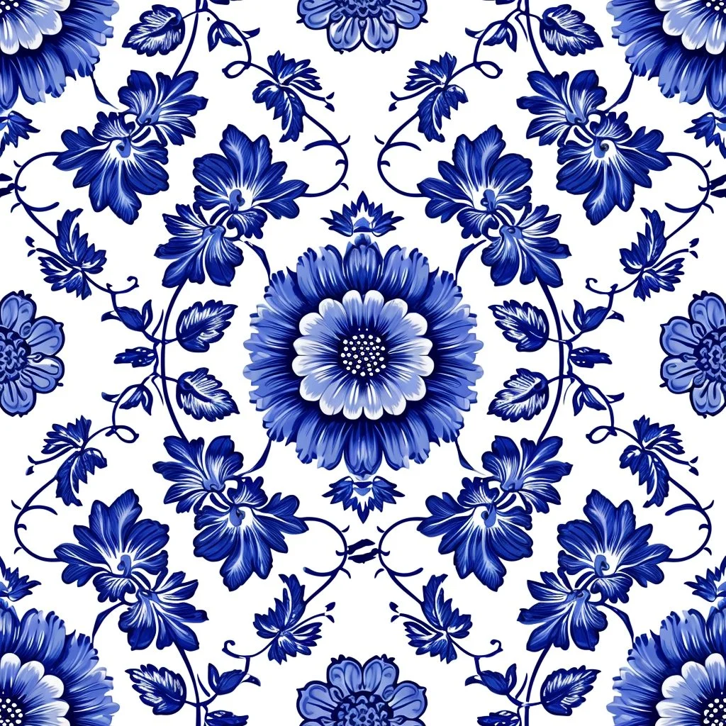 Axminster and Print Hospitality Carpets - suitable to pubs, clubs, hotels, bars:  Blue floral pattern with large detailed flowers and leaves on a white background.
