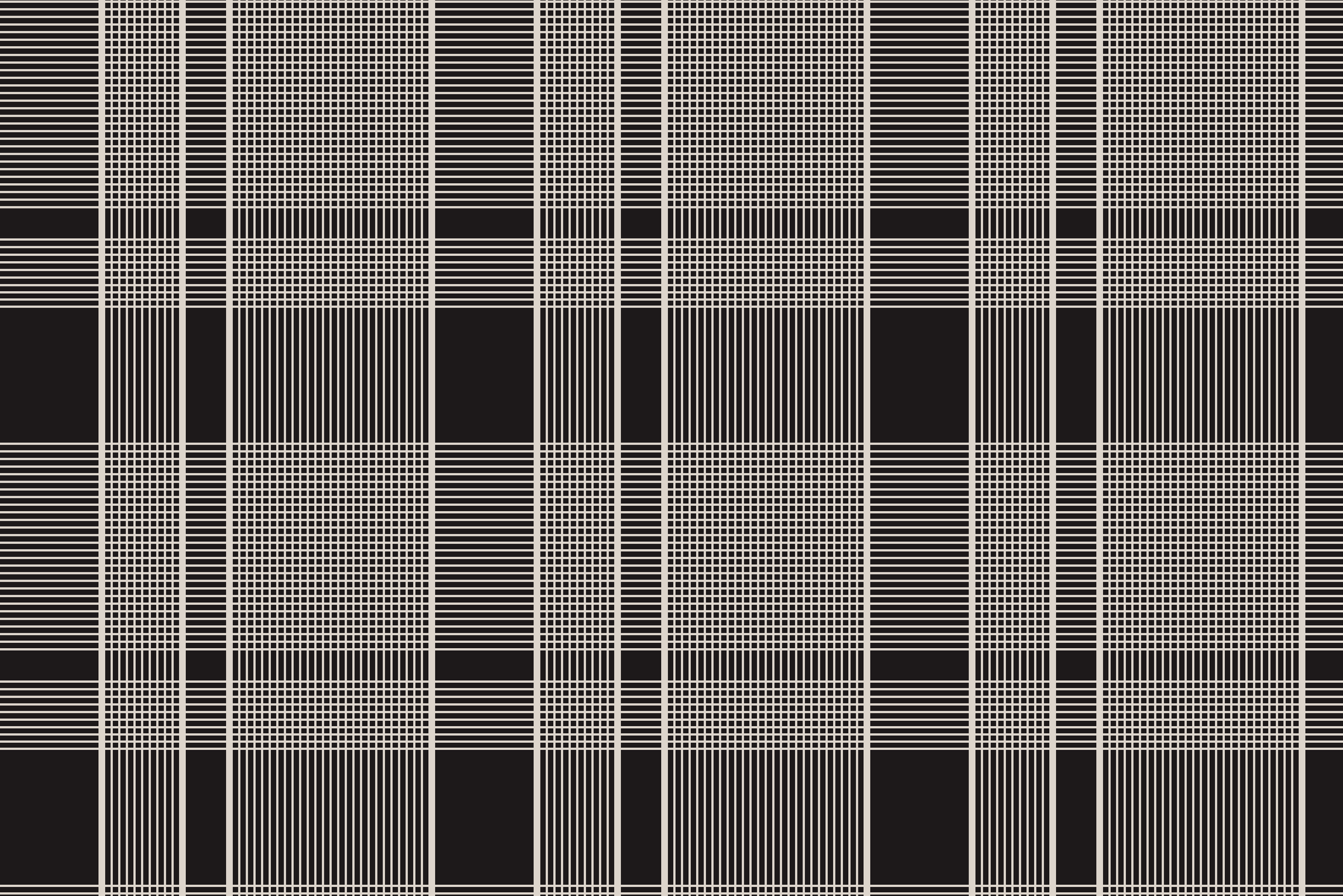 A black fabric with a complex white plaid pattern consisting of intersecting lines, squares, and checks.