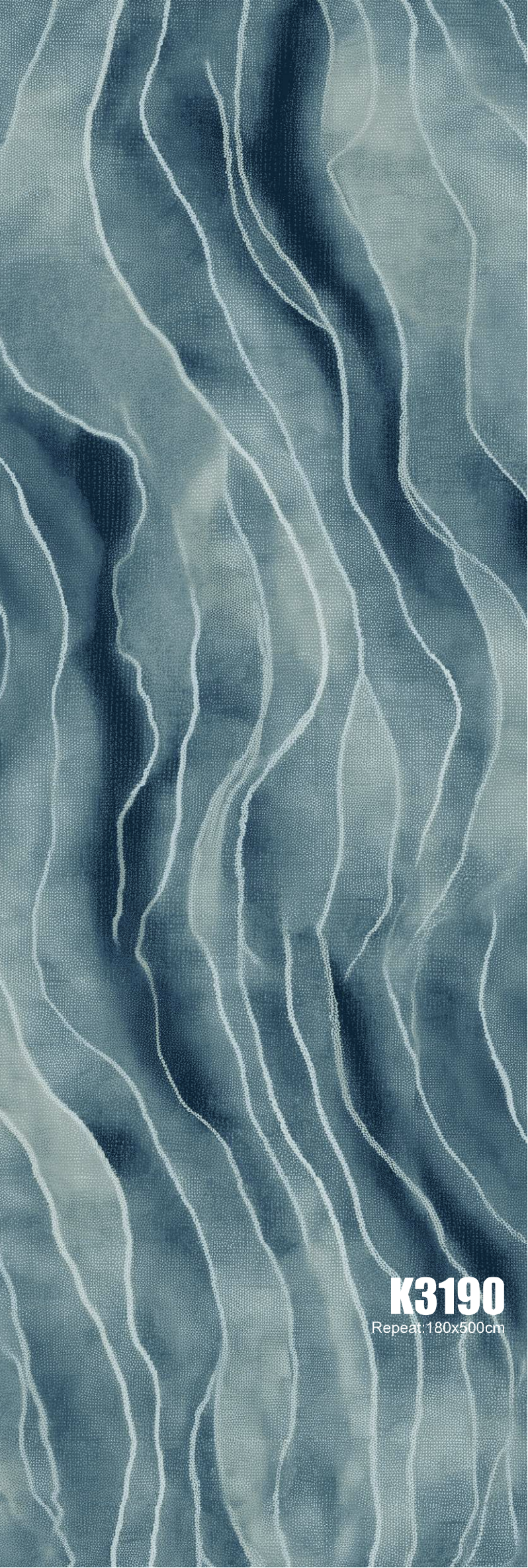 Axminster and Print Hospitality Carpets - suitable to pubs, clubs, hotels, bars:  Blue fabric with a flowing, wavy pattern of white lines and small dots, labeled model K3190, measuring 180x500 cm.
