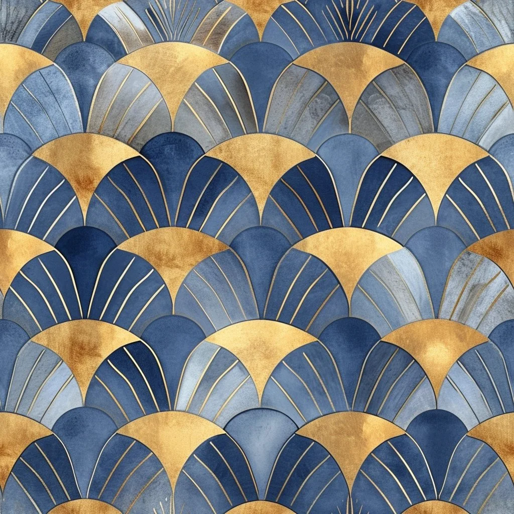 Axminster and Print Hospitality Carpets - suitable to pubs, clubs, hotels, bars:  Pattern of blue and gold fan shapes with gold accents, resembling an art deco style wallpaper.