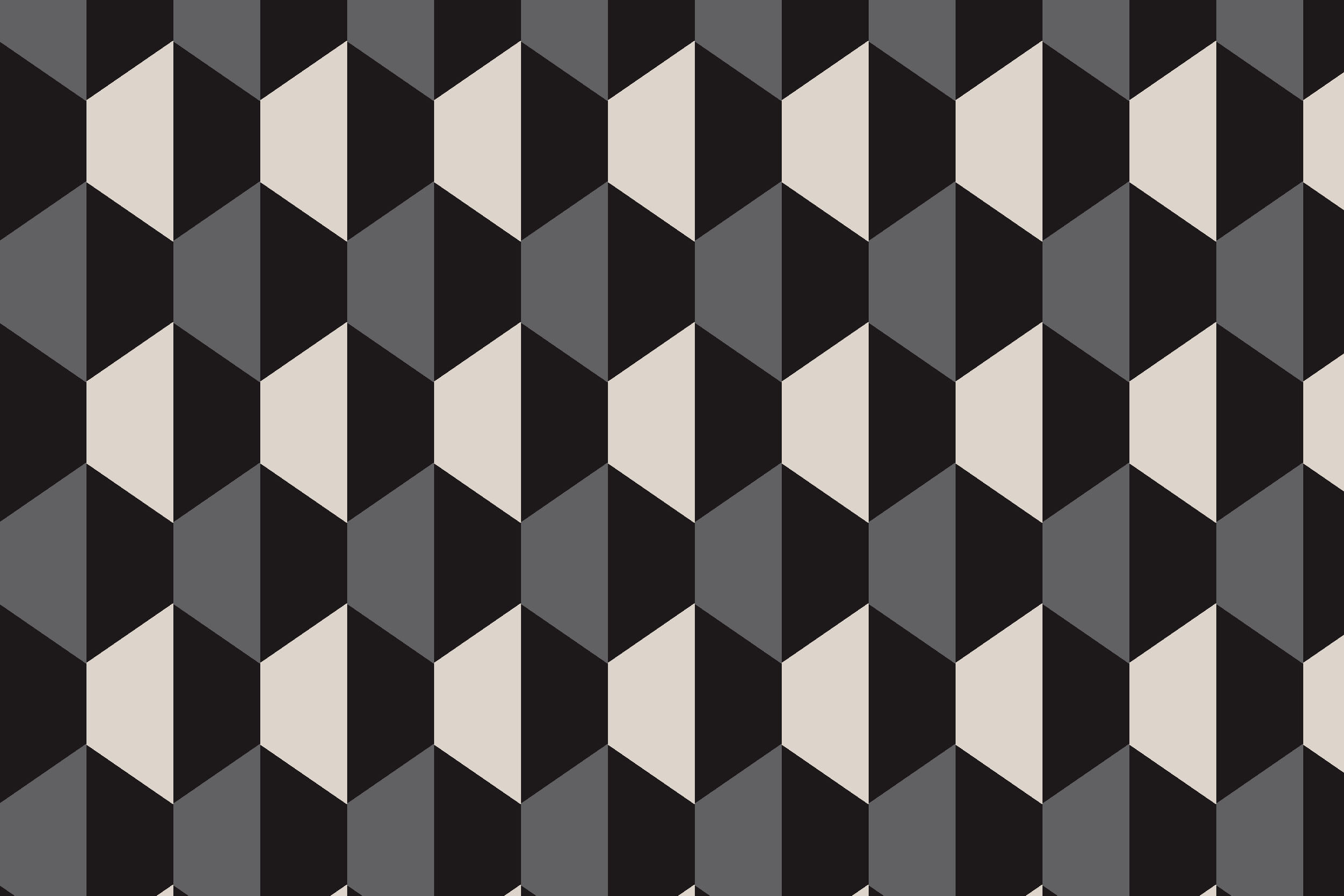 A geometric pattern featuring black, white, and shades of gray 3D cubes arranged in a repeating tessellation.