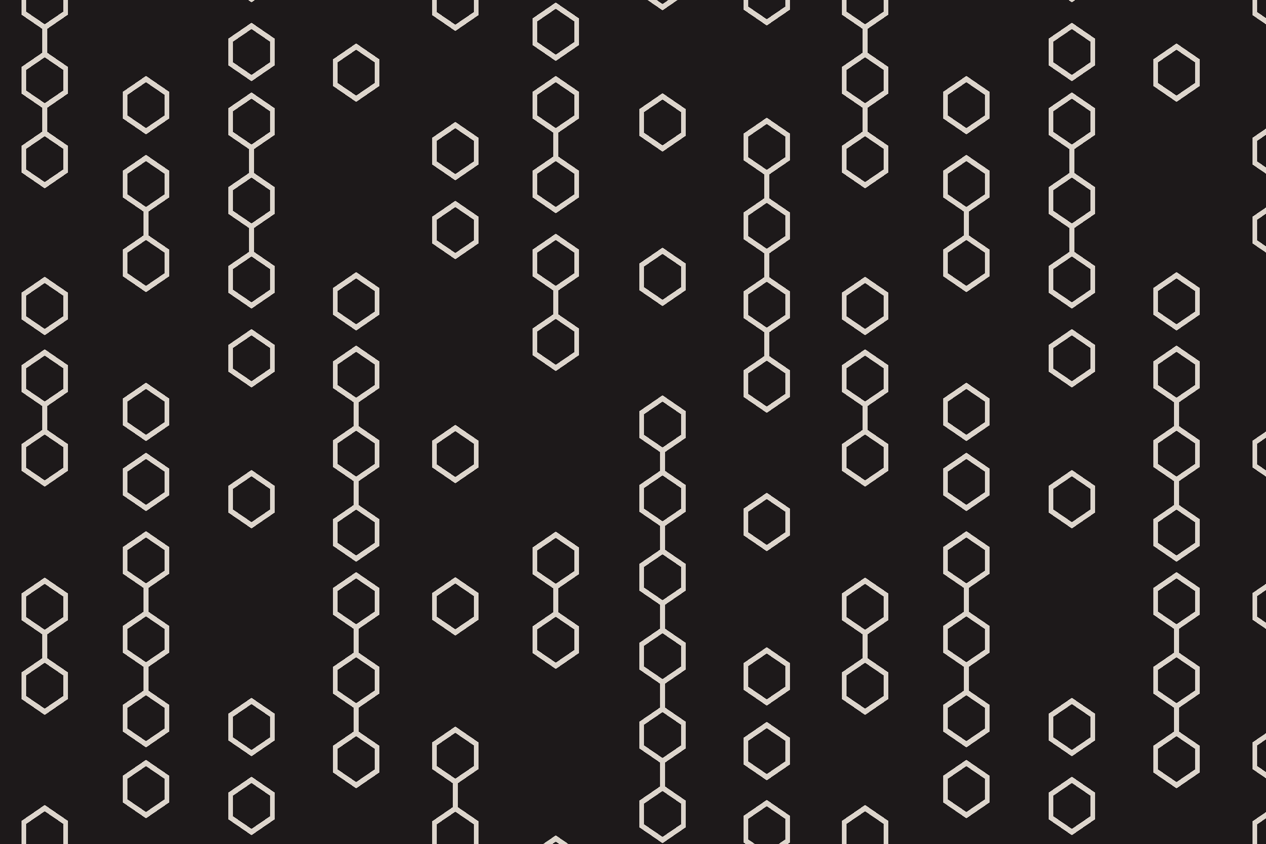 Black background with a pattern of white hexagons connected by lines, forming a honeycomb-like design.